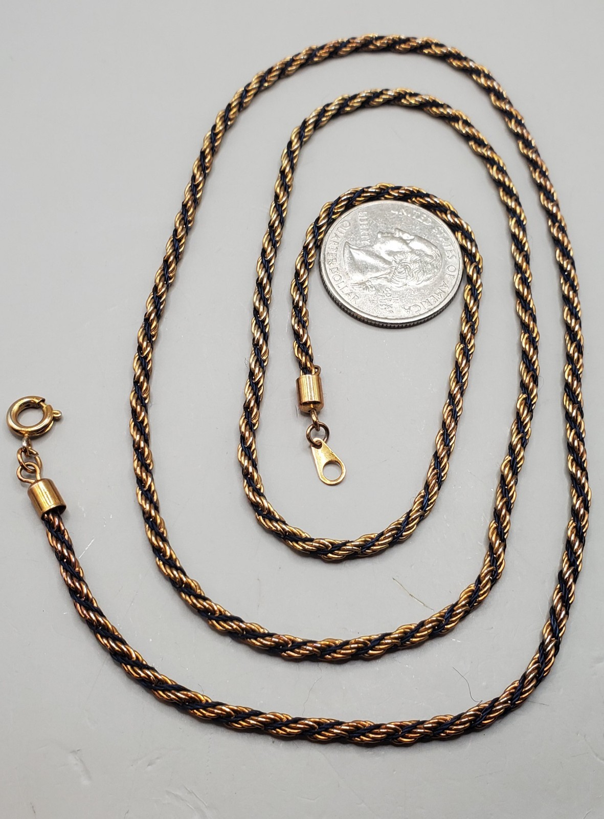 3 Vtg Chains: Trifari 24″, Herringbone 20″, Gold Tone & Black Twisted Rope 30″