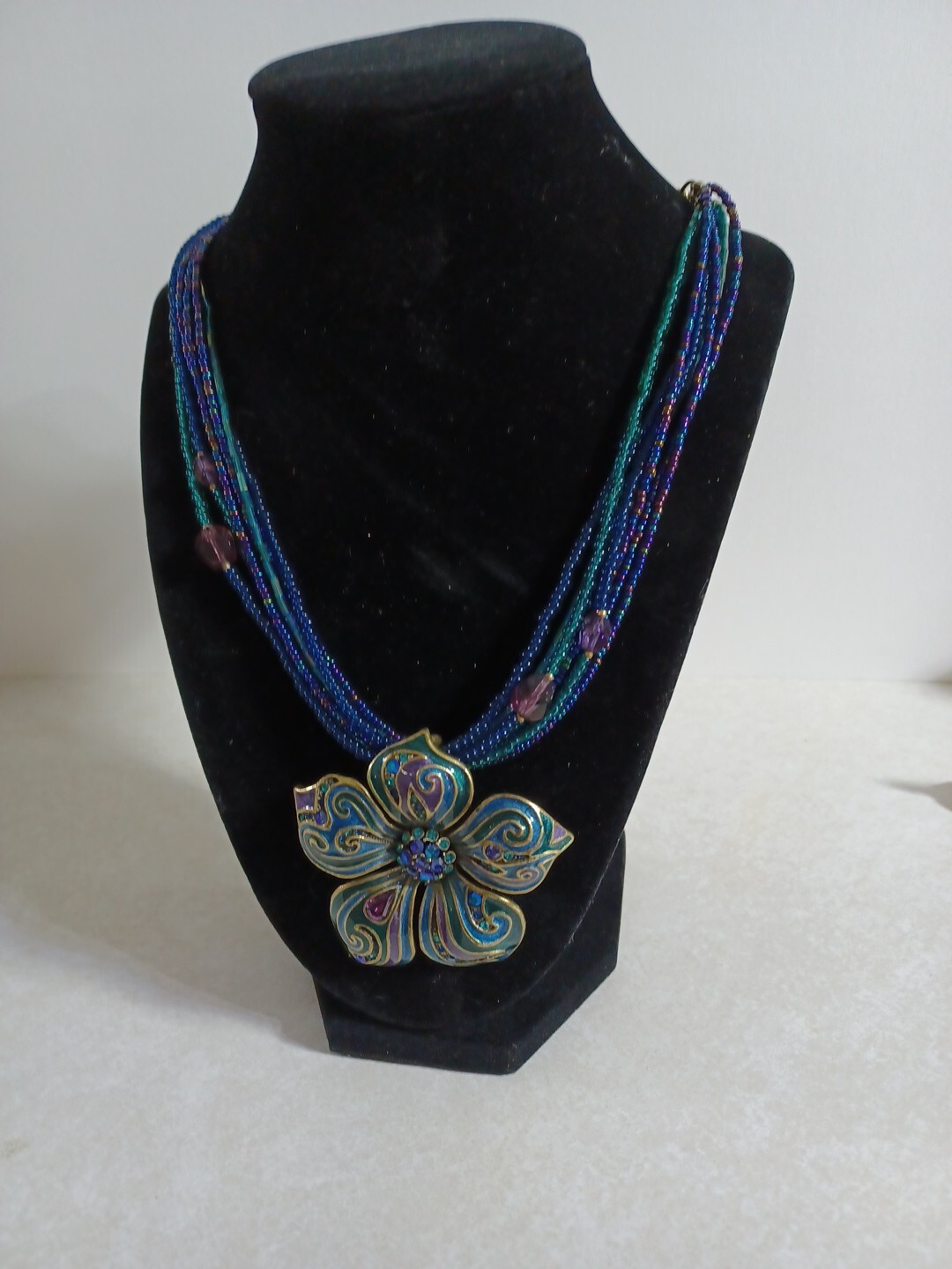 7 Strand Blue And Purple Beaded Necklace With Flower Pendent Vintage Necklace