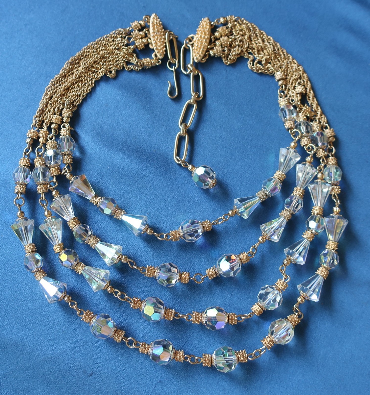 Statement Vendome Swarovski Crystal Beads Gold Plate Metal 4 Strand Necklace 18″