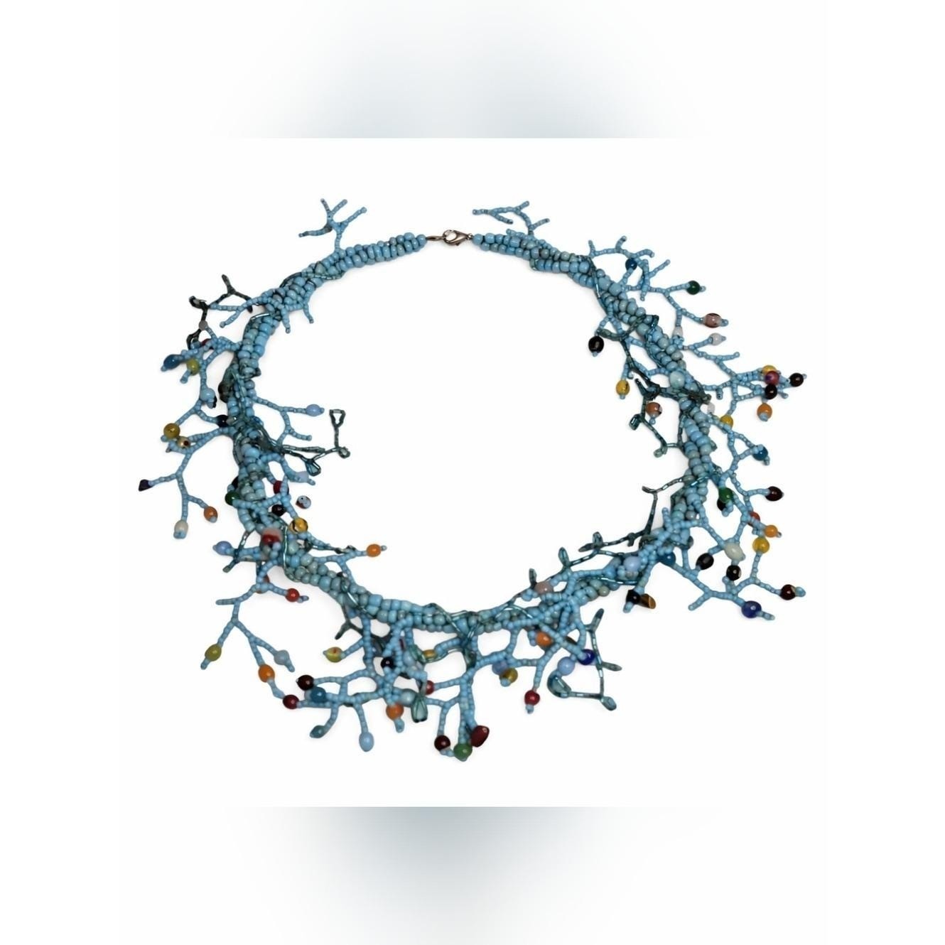 Vintage Blue Glass Seed Bead Coral Branch Necklace Boho Statement Bib Fringe