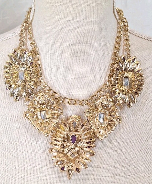 VTG Retro Goldtone Purple Resin Gem Statement Bib Necklace Regal Floral Cluster