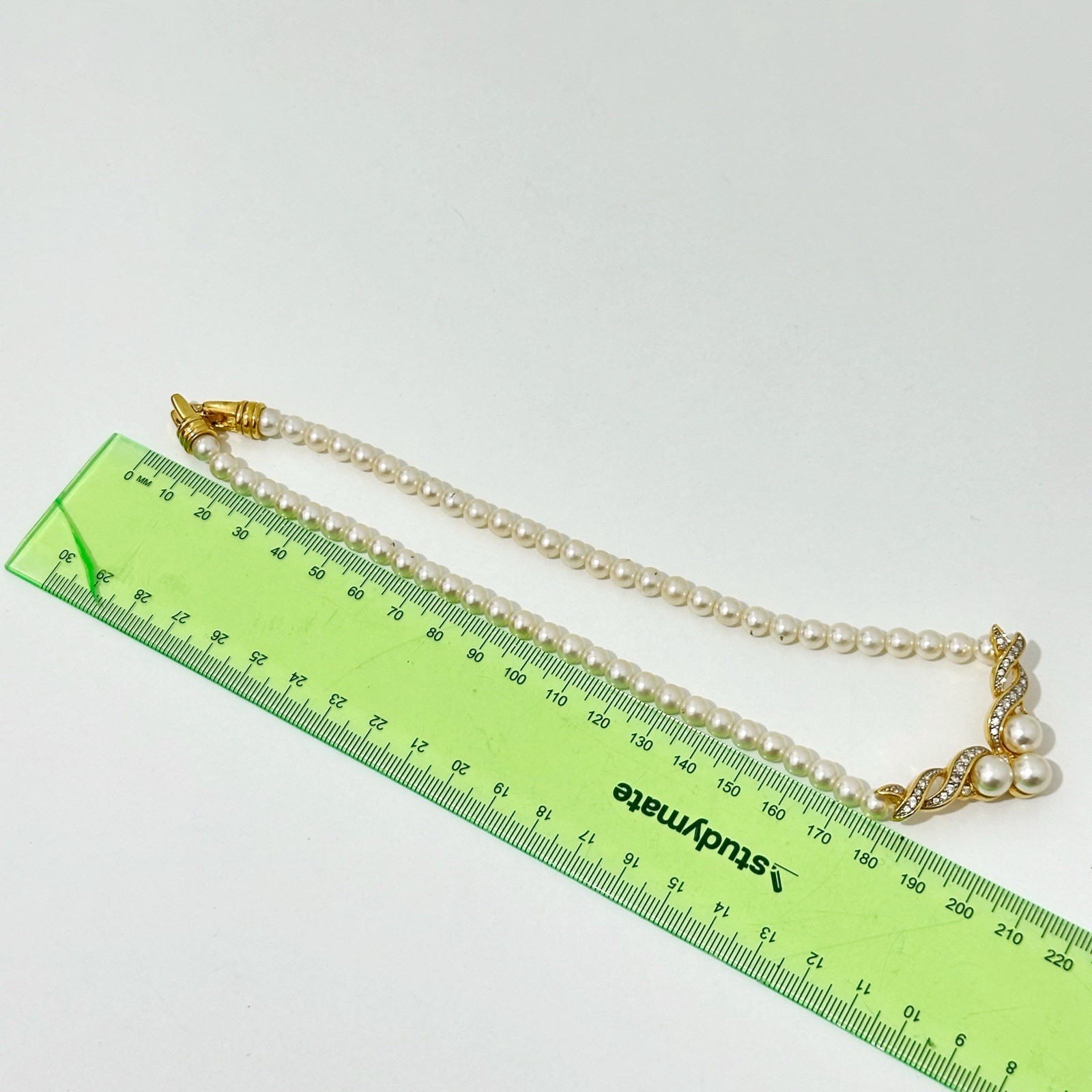 Vintage Faux Pearl Rhinestone Necklace Gold Tone Formal Bridal Wedding 45cm