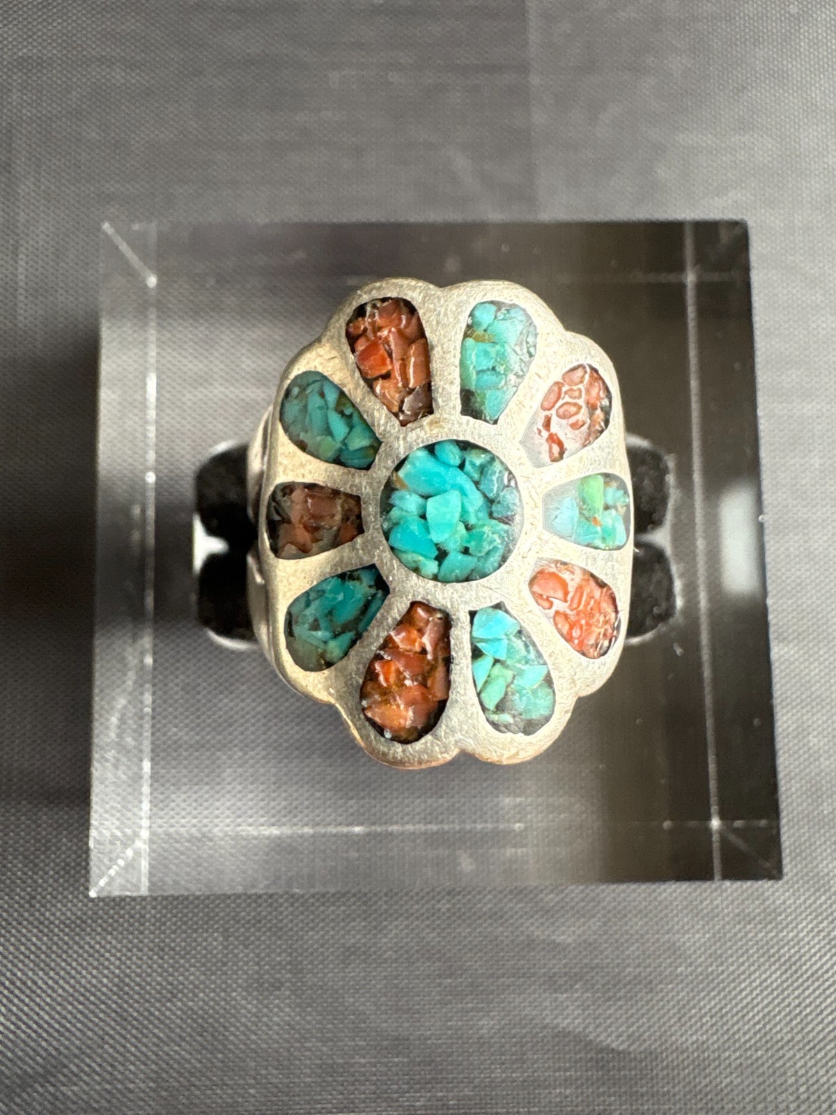 Vintage Silver Native American Turquoise & Coral Chip Inlay Ring Size 6.5 US