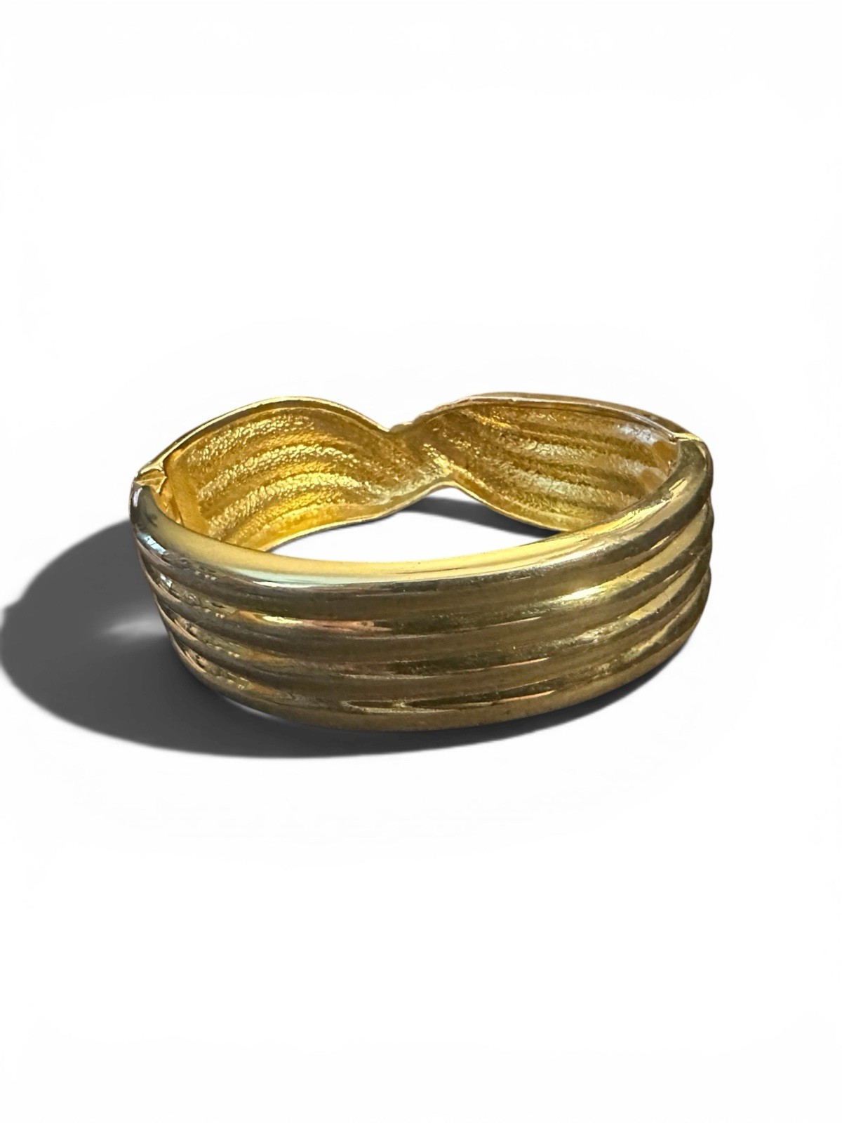 Vintage Gold Tone Bangle Bracelet Ribbed Twist Spring Hinge Open Close