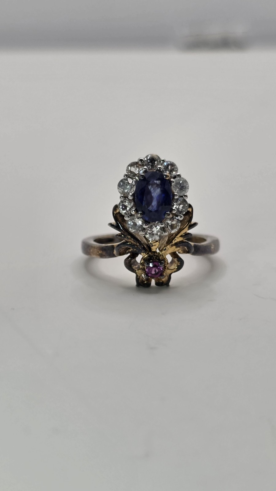 Vintage Sterling Silver 925 Victorian Two Tone Sapphire And Ruby Ring Size 7