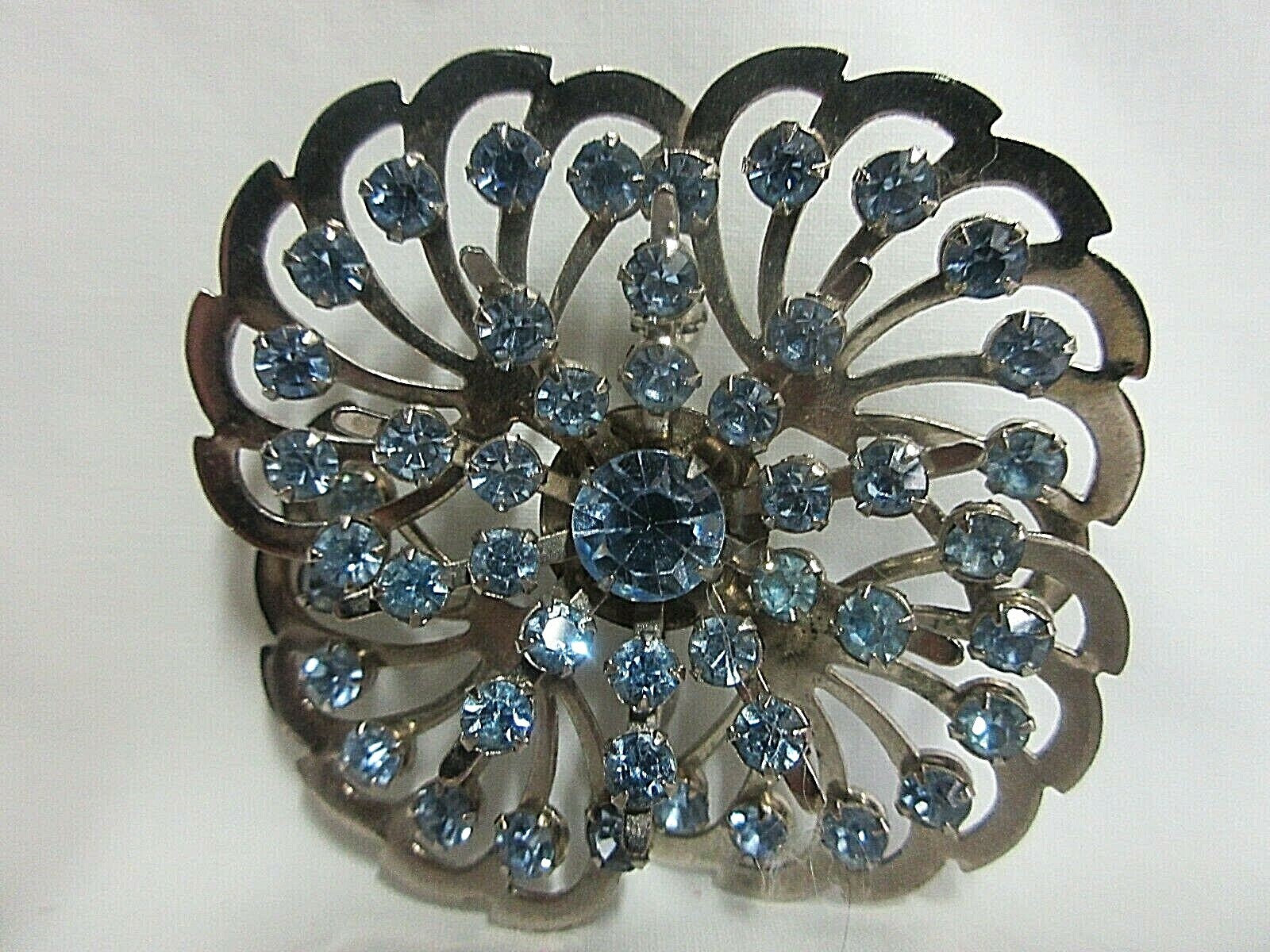 VTG Silver Metal FLOWER with Tiny Blue Rhinestones PIN BROOCH #1