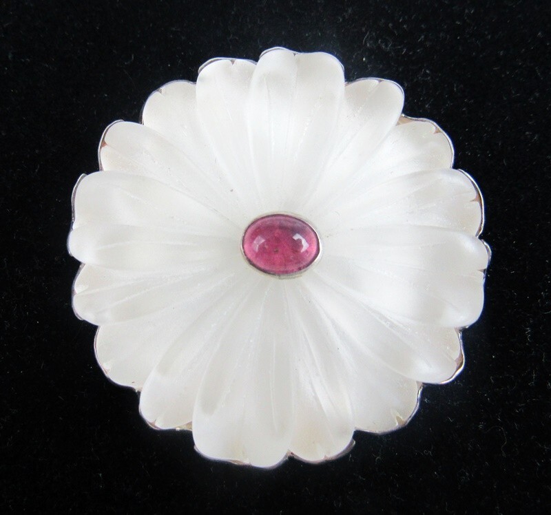 Vintage Amy Kahn Russell Frosted Glass Sterling Silver Flower Brooch Pin Pendant