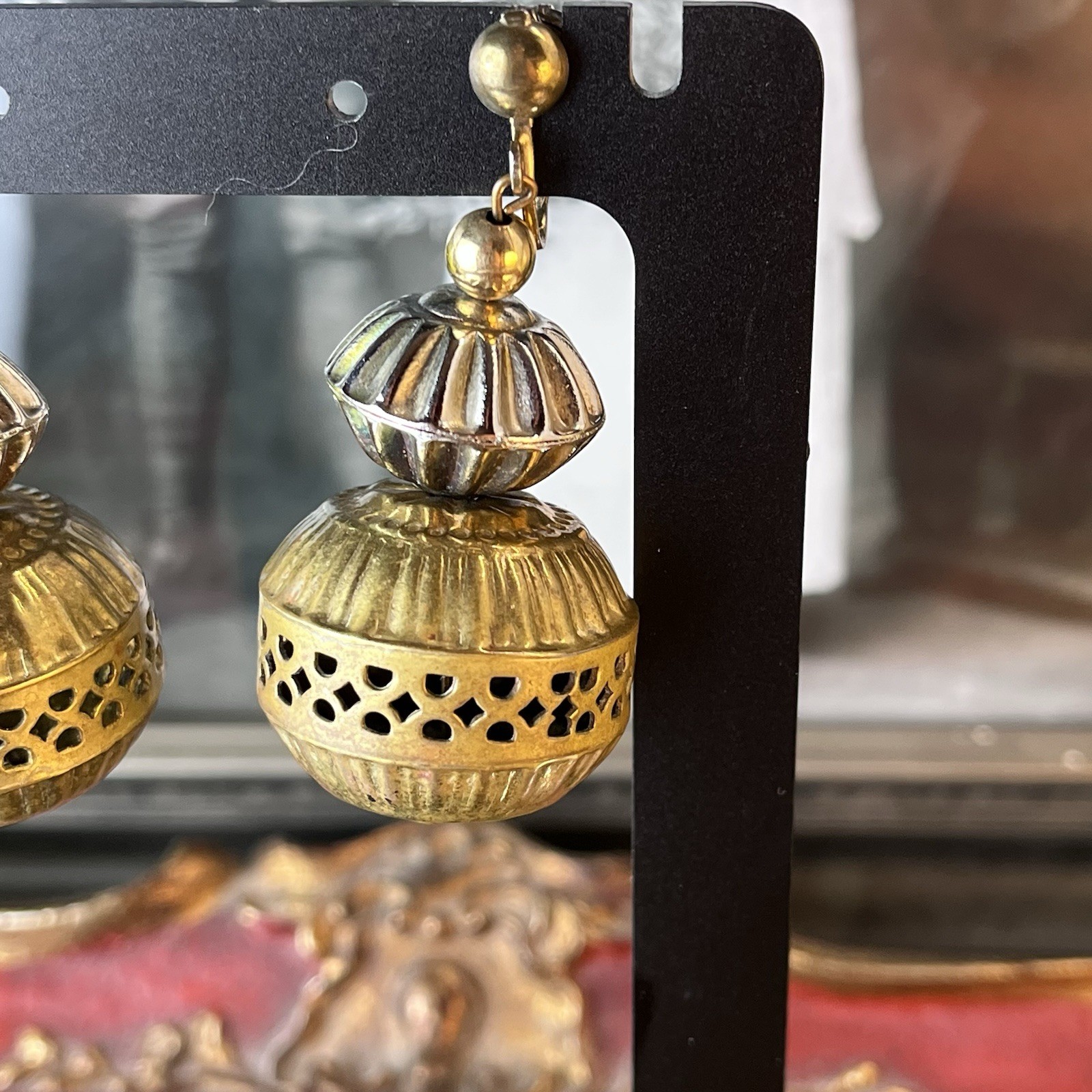 Vintage Ethnic Revival Brass Silver Tone Dangle Clip On Earrings – 2” – c1970s