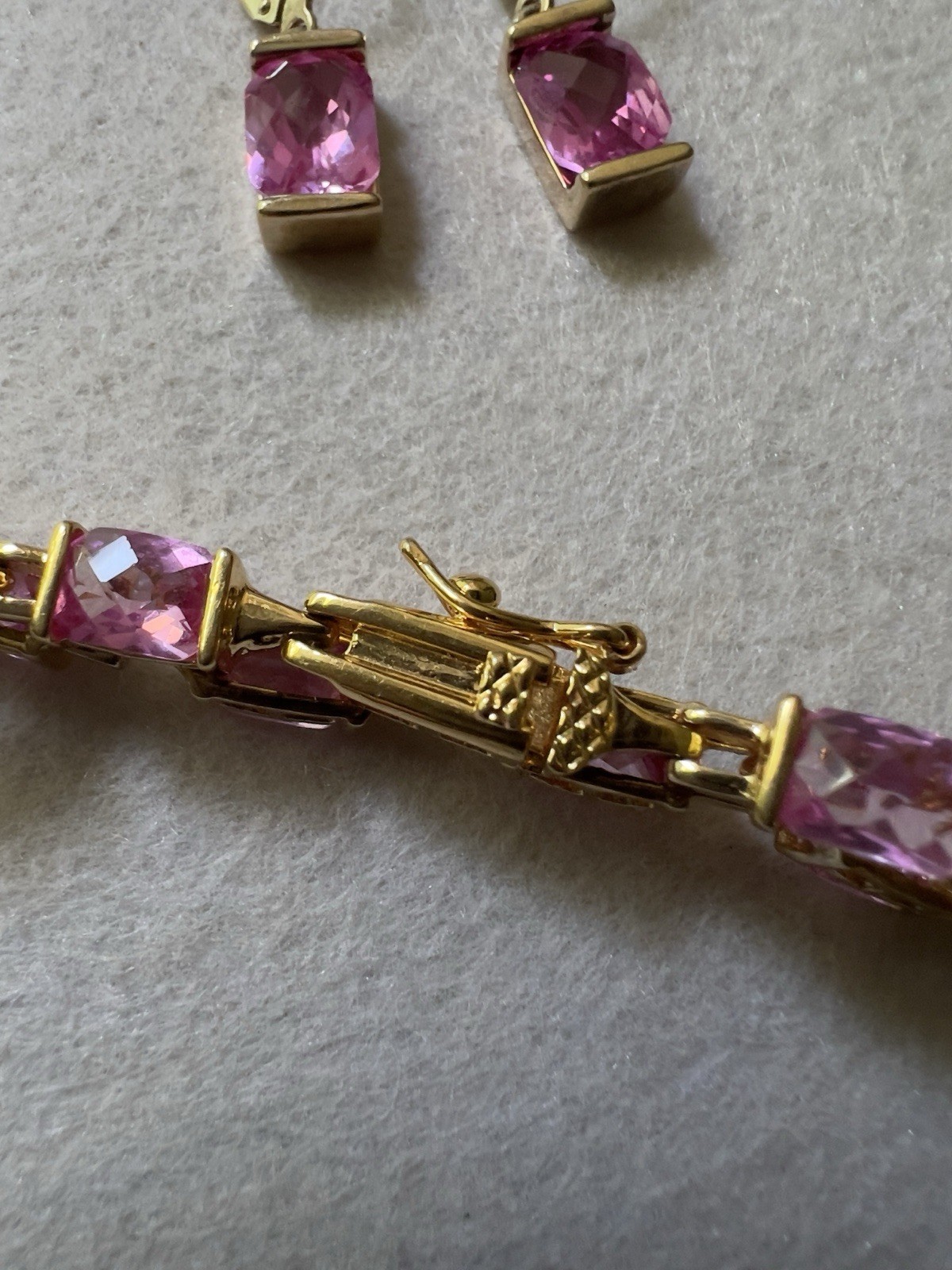 Vintage Sterling Silver Vermeil & Cushion Cut Pink Quartz 7” Bracelet & Earrings