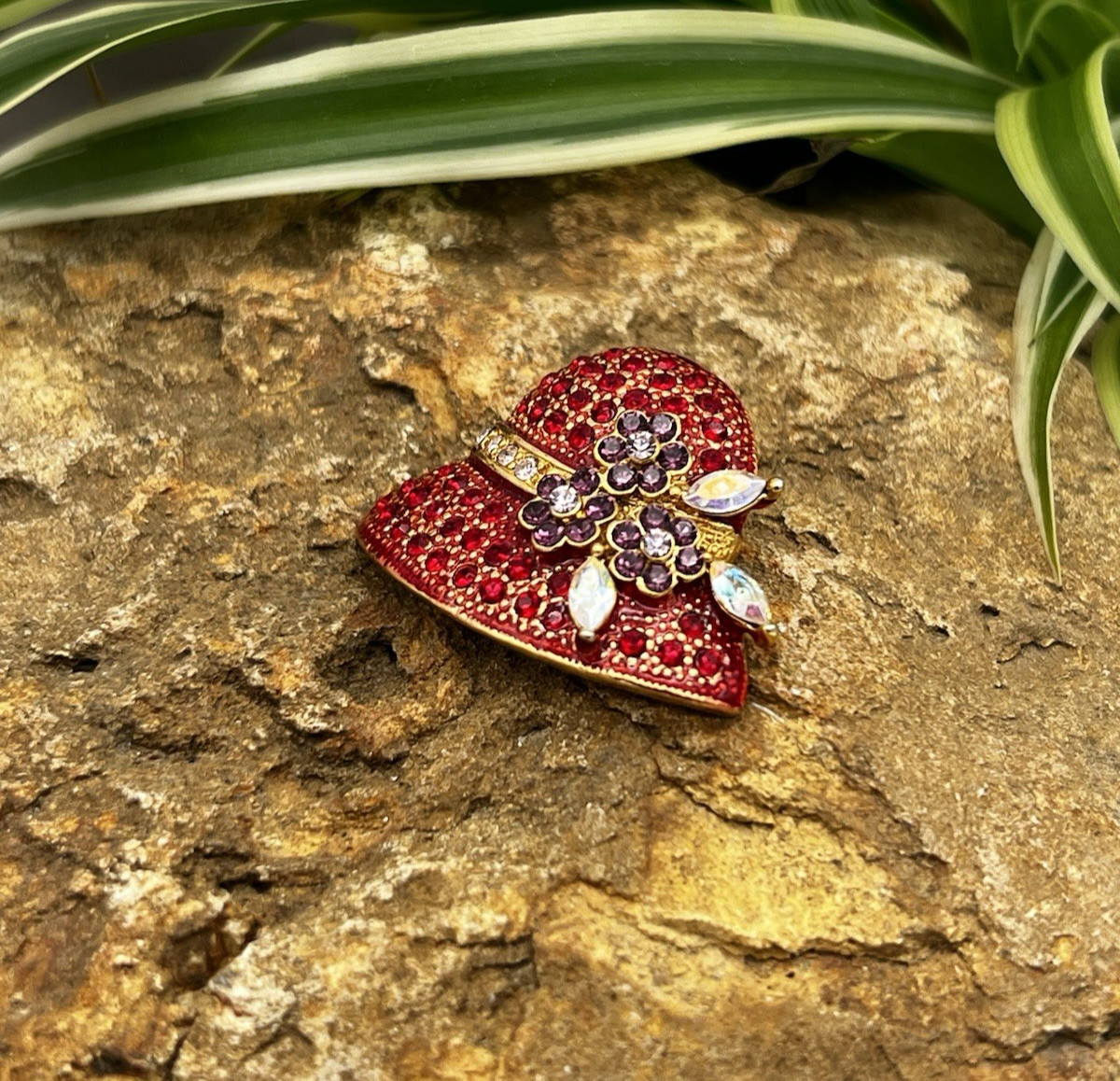 Vintage Red Hat Brooch Red Rhinestone Purple Flower Pin