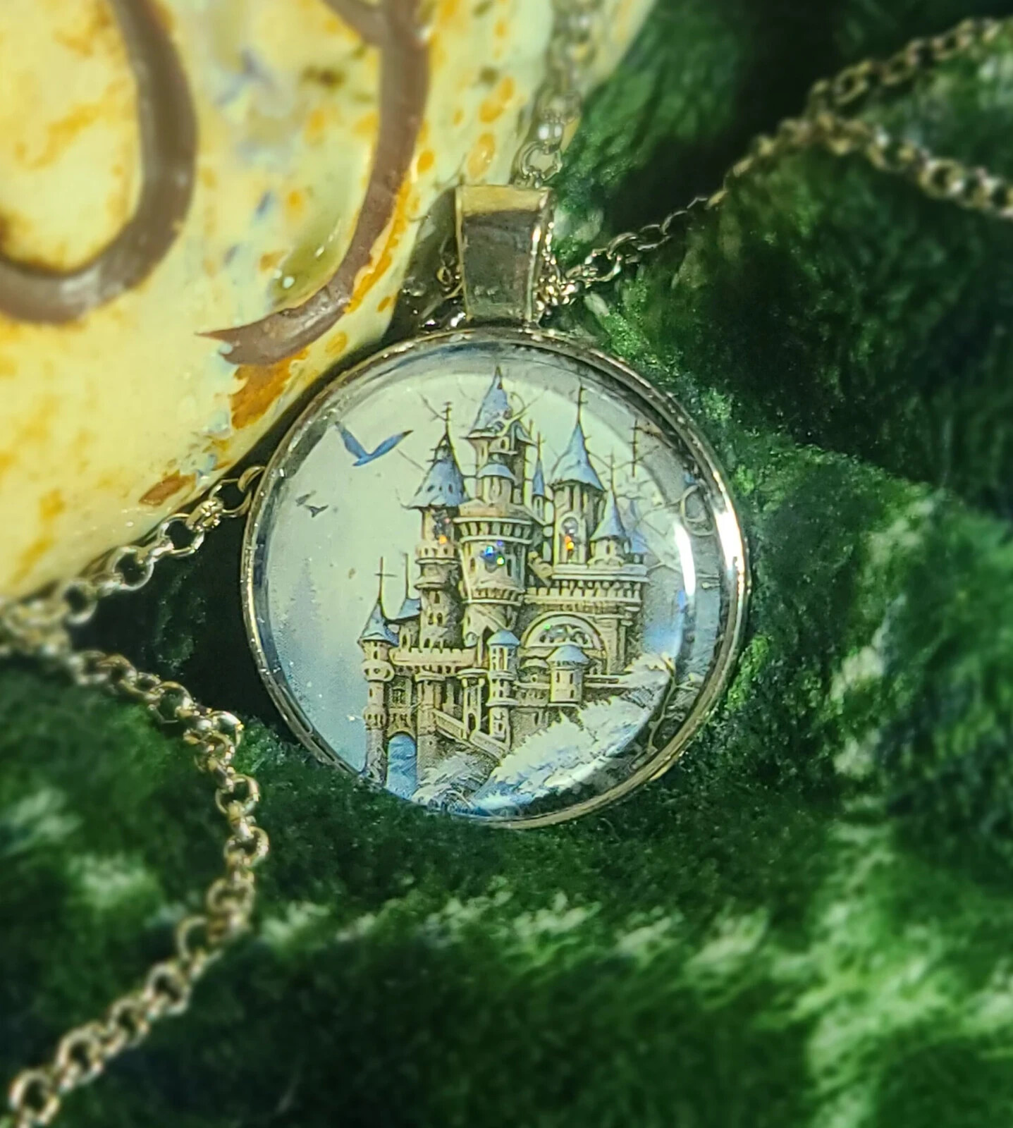 CASTLE Fantasy Scene Pendant UNIQUE Jewelry Necklace Whimsical Birds