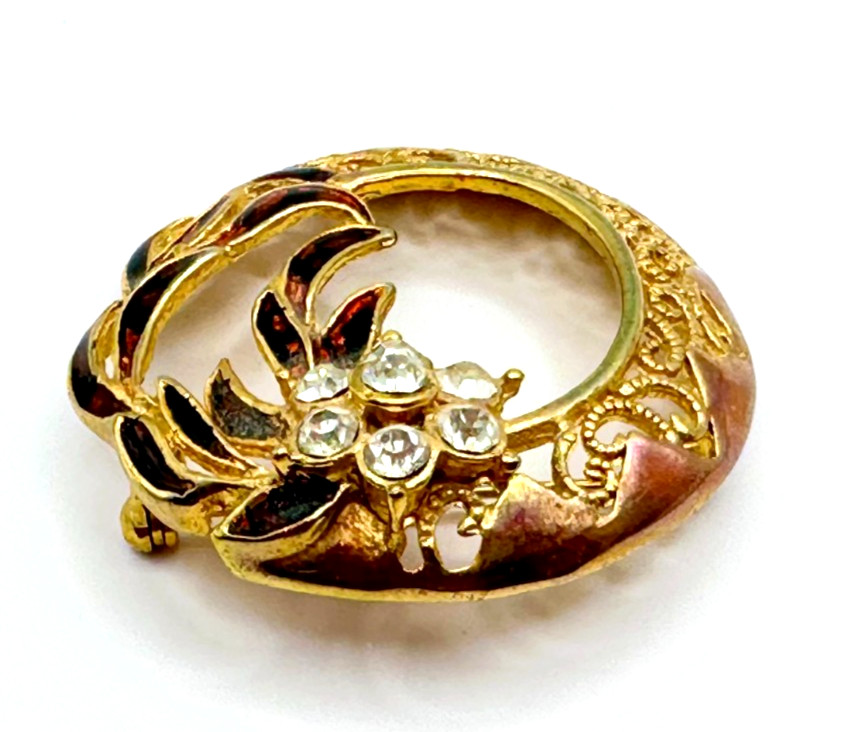 Gold Tone Rhinestones Flower & Multicolor Enamel Brooch Vintage