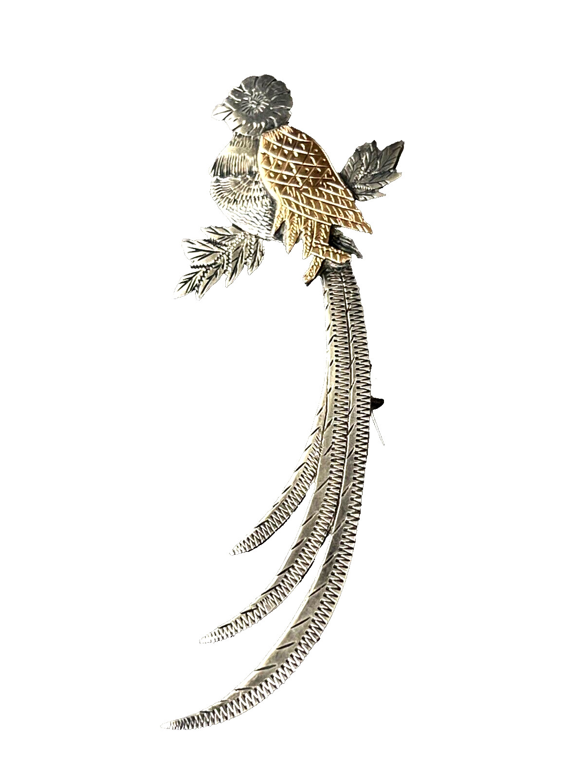 Guatemala Quetzal Bird brooch 925 Silver & gold filled diamond cut design 3 1/2