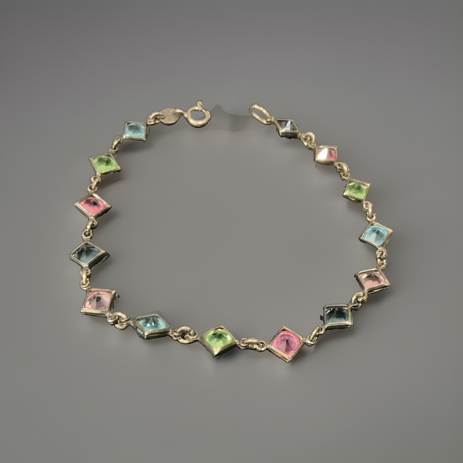 VTG ITALIAN STERLING SILVER BRACELET BEZEL SET MULTI COLOR GLASS STONES 7”