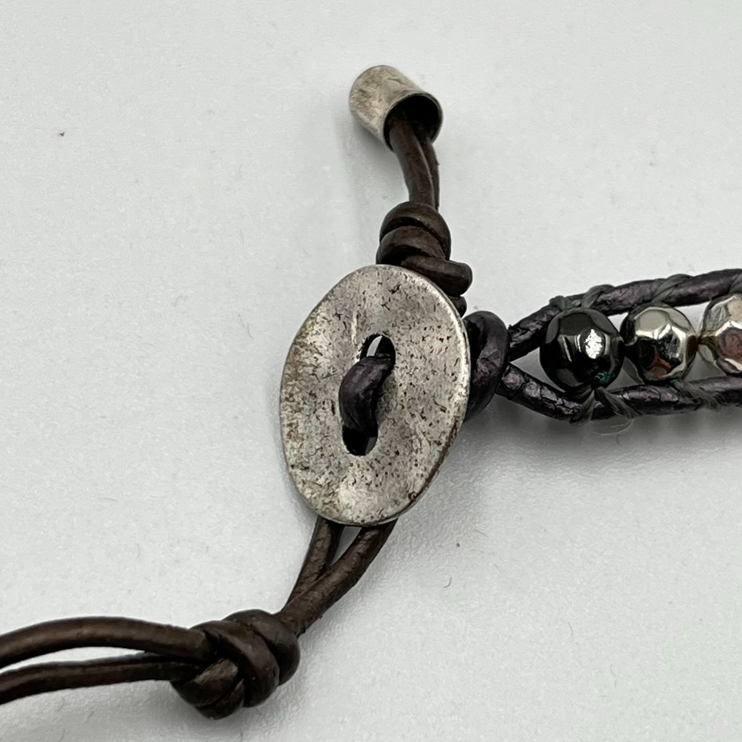 Vintage Boho Silver Mixed Bead Brown Leather Wrap Necklace Bracelet Adjustable