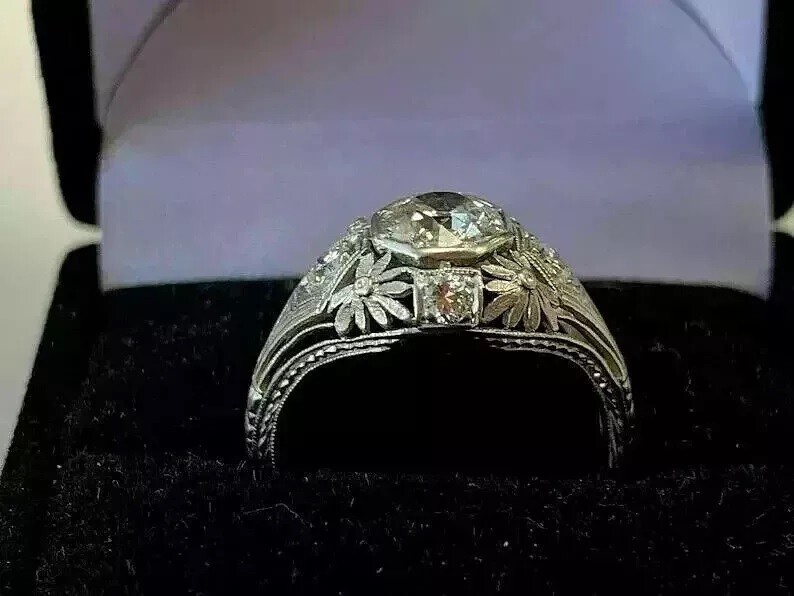 Art Deco Filigree Engagement Ring Vintage Diamond Navette Ring14K White Gold FN