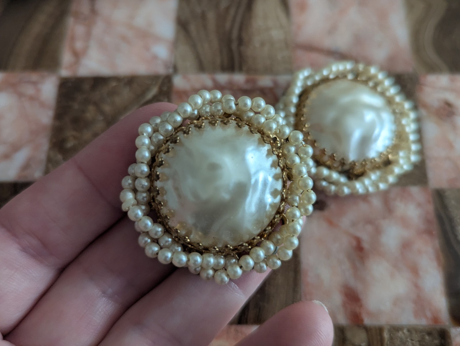 Miriam Haskell Large Pearl Ornate Cluster Statement Art Earrings Vtg Jewelry