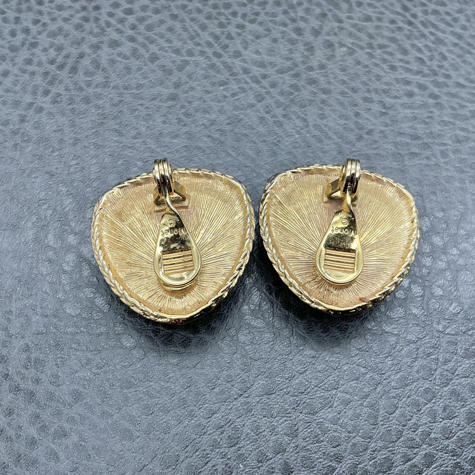 Vintage Monet Clip-On Earrings Gold Tone Wreath Red Cabochon Trillion Statement