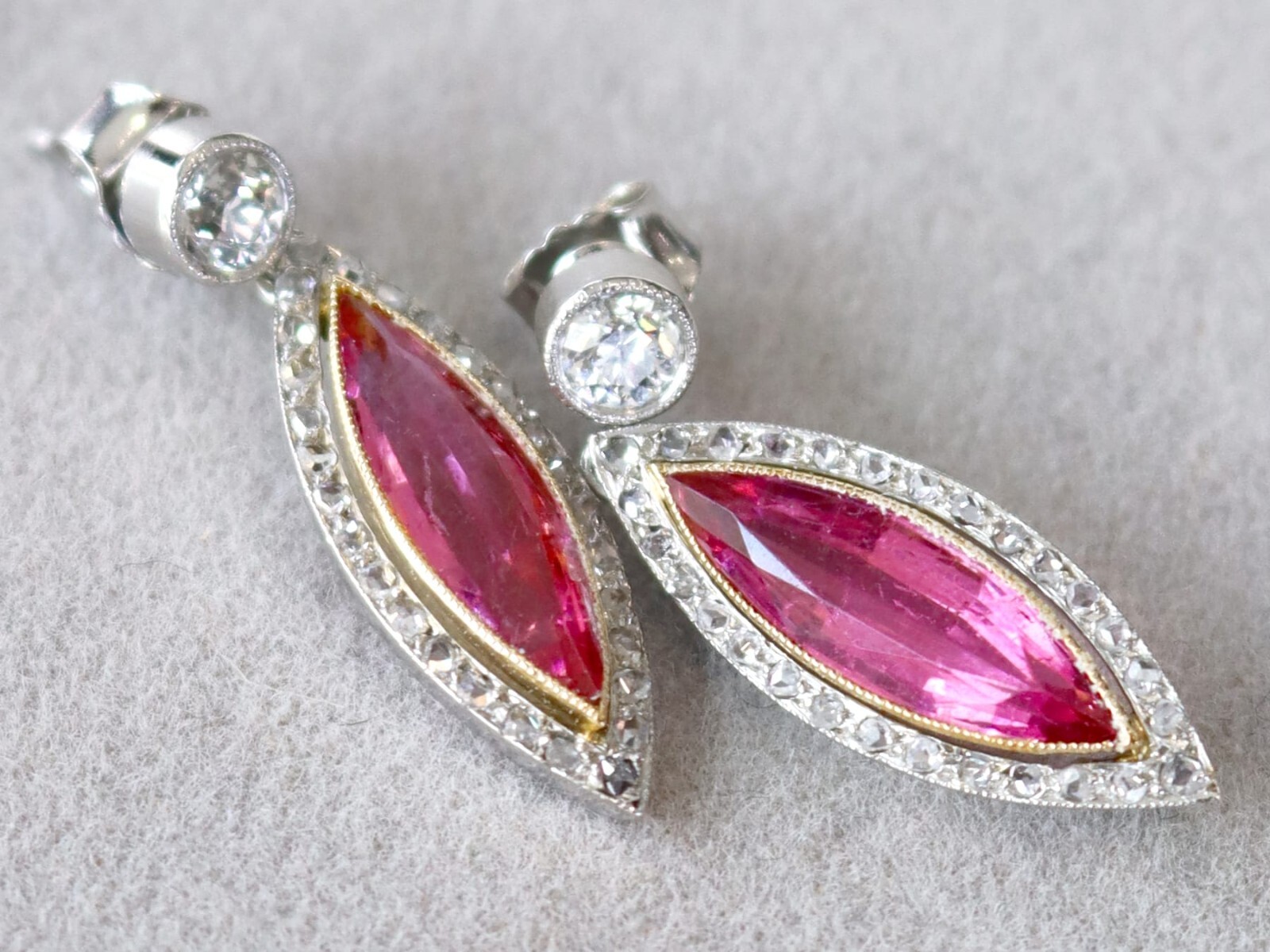 5.60Ct Pink Tourmaline and 1.10Ct Diamond, Platinum Drop Earrings Circa 1925