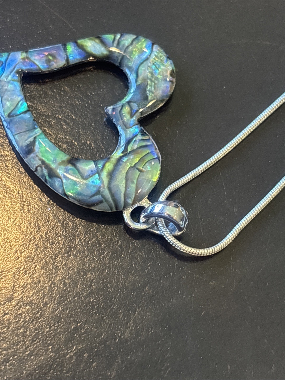 Sterling Silver Chain Abalone Shell Heart Pendant Necklace Paua 24”