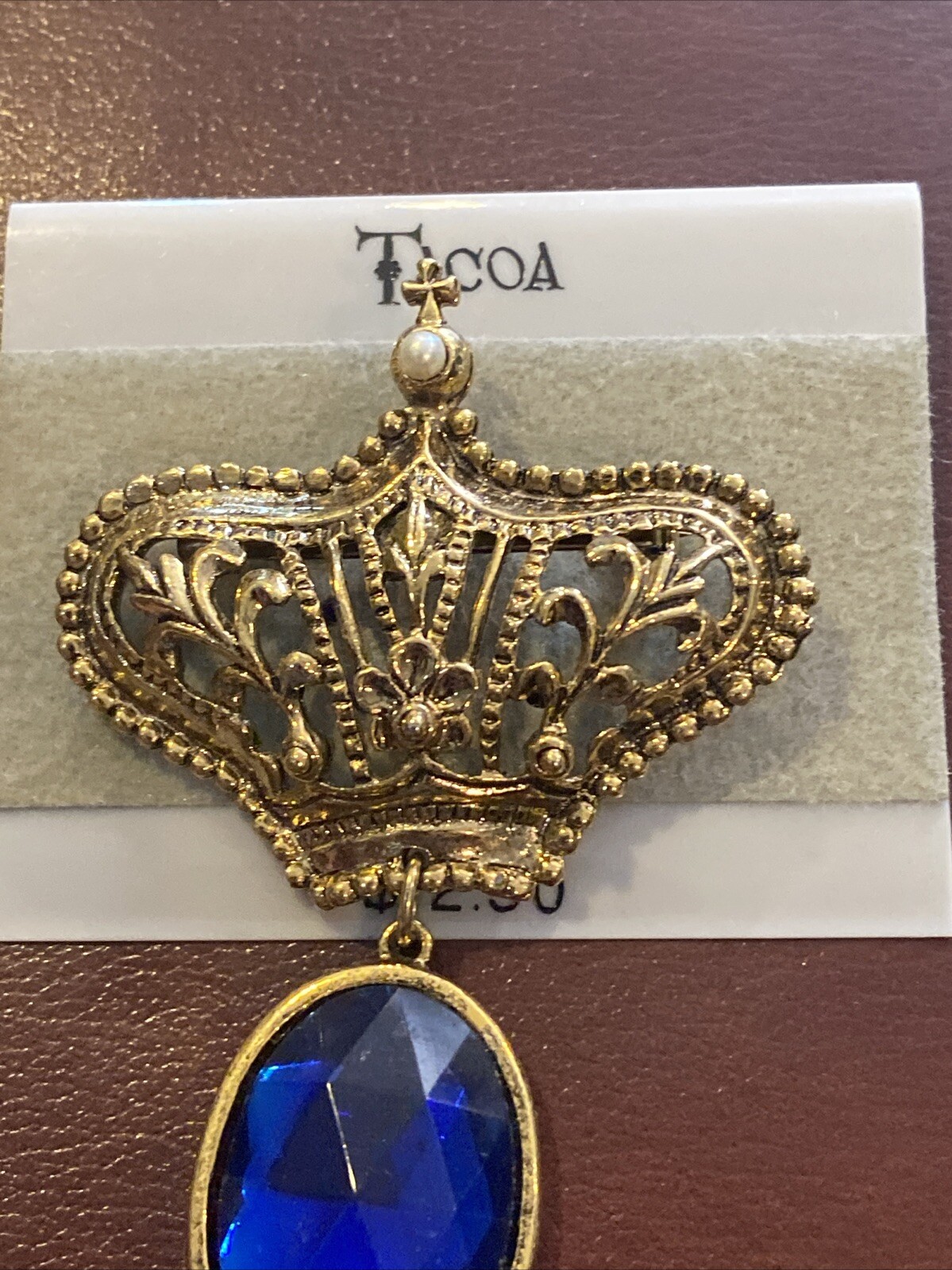 Vintage Gold Tone Tacoa Blue Stone, Imitation Pearl Brooch Pin Crown