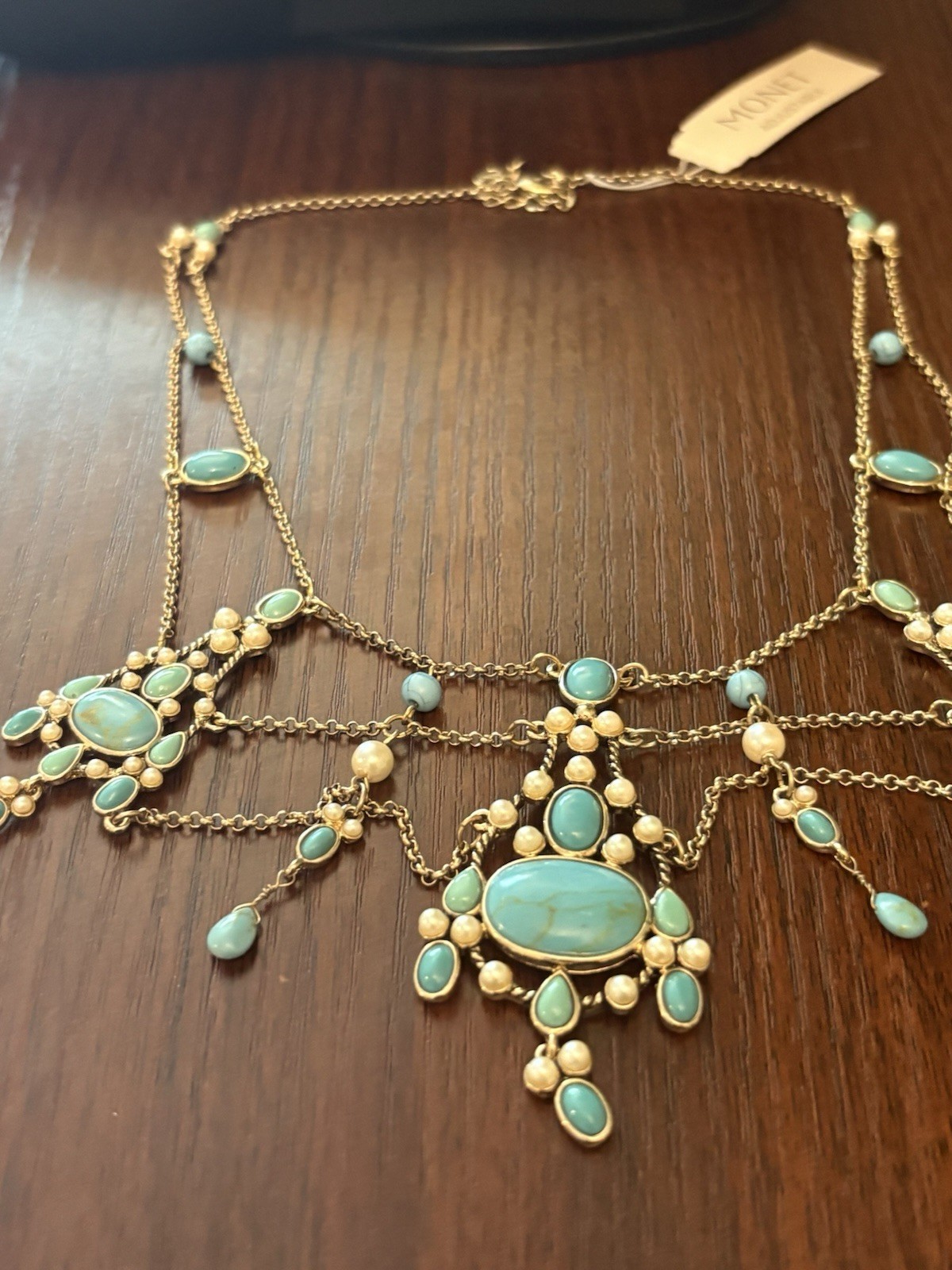 Monet Festoon Necklace Gold Tone, Faux Pearl Victorian Revival Design 15”