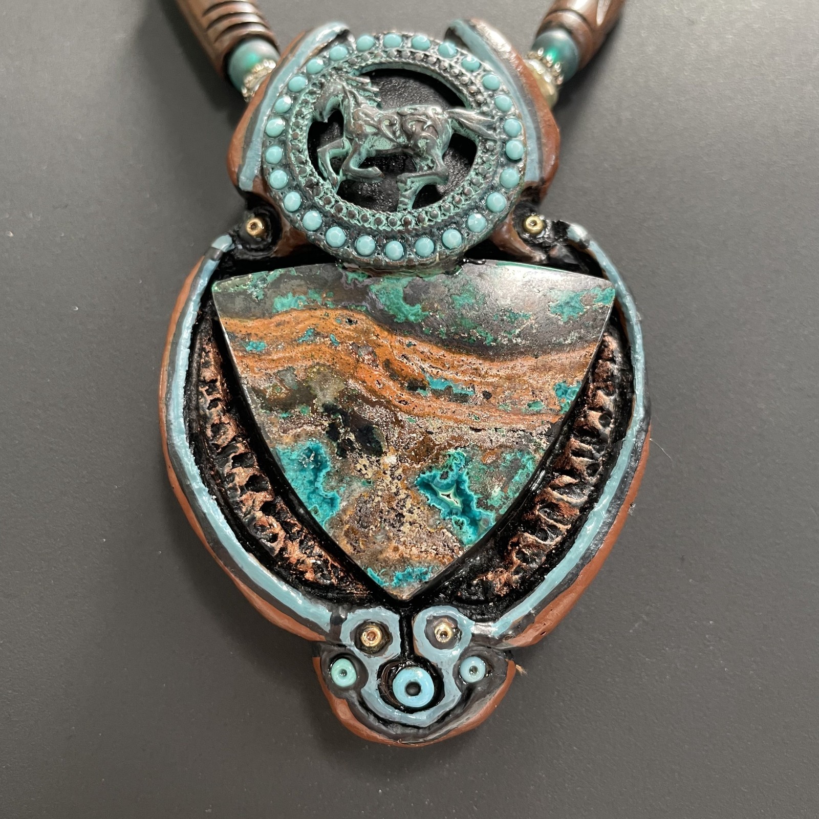 Boho Artisan Triangle Royston Turquoise w/Running Horse Turquoise beads Necklace