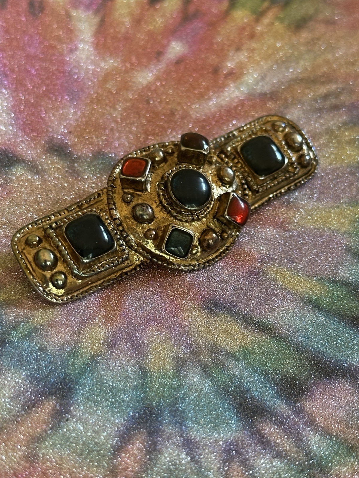 VTG French Style (Paris) Etruscan Mogul Bar Brooch/pin Multicolor Enamel,80s
