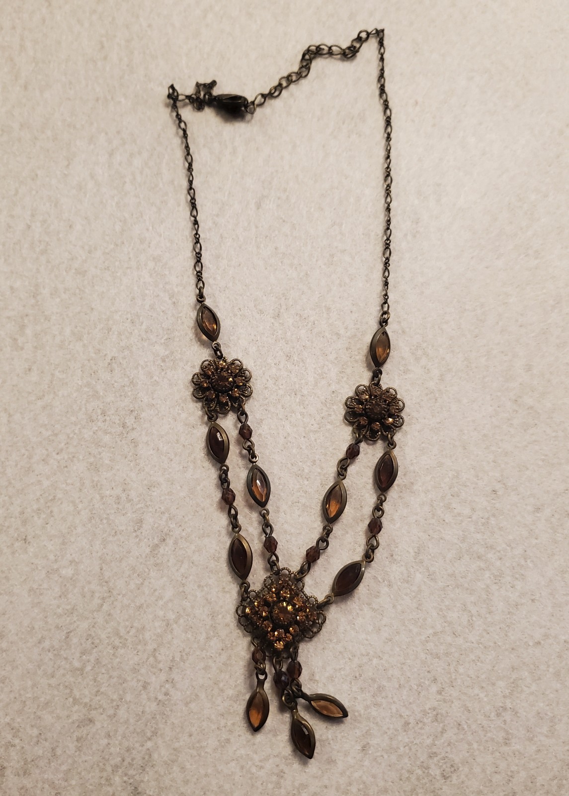 Vintage Filigree Necklace With Brown Topaz and Citrine Rhinestones
