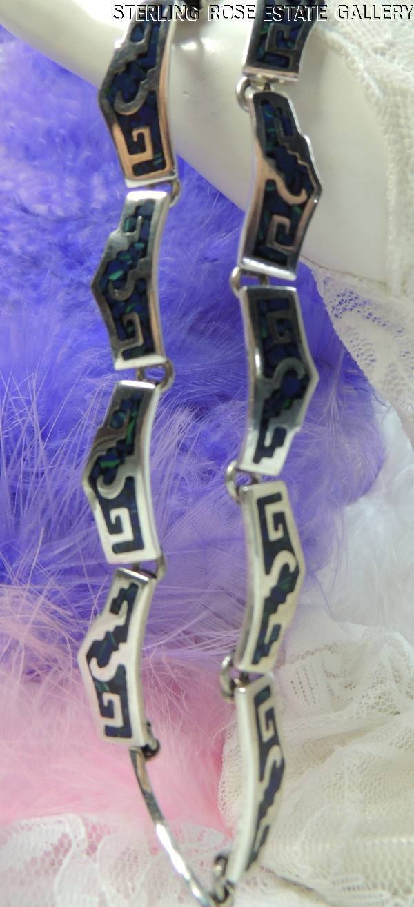AZURE INLAID STURDY Sterling Silver 0.925 Estate 17″ NECKLACE w/ TONGUE & GROOVE