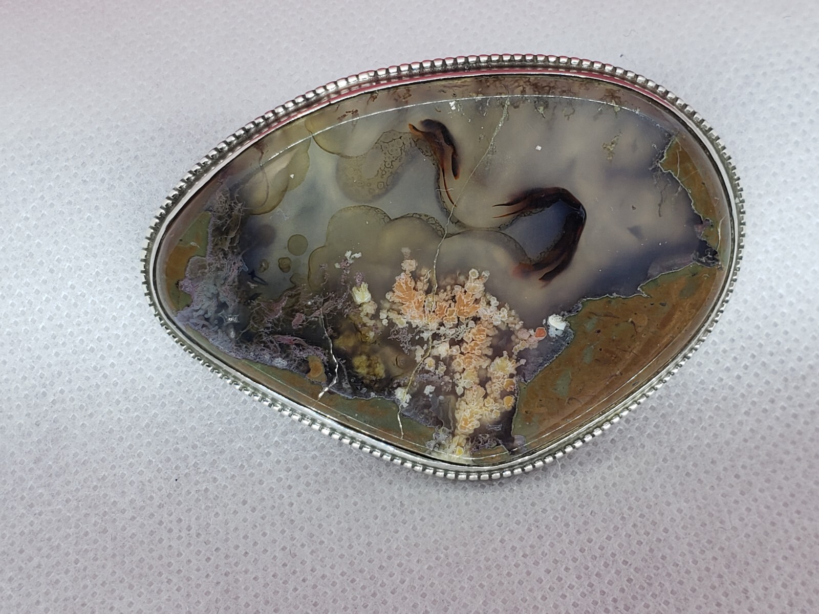 Large Vintage Sterling Silver Solid Moss Agate Brooch Pin or Pendant- 50.1 Grams