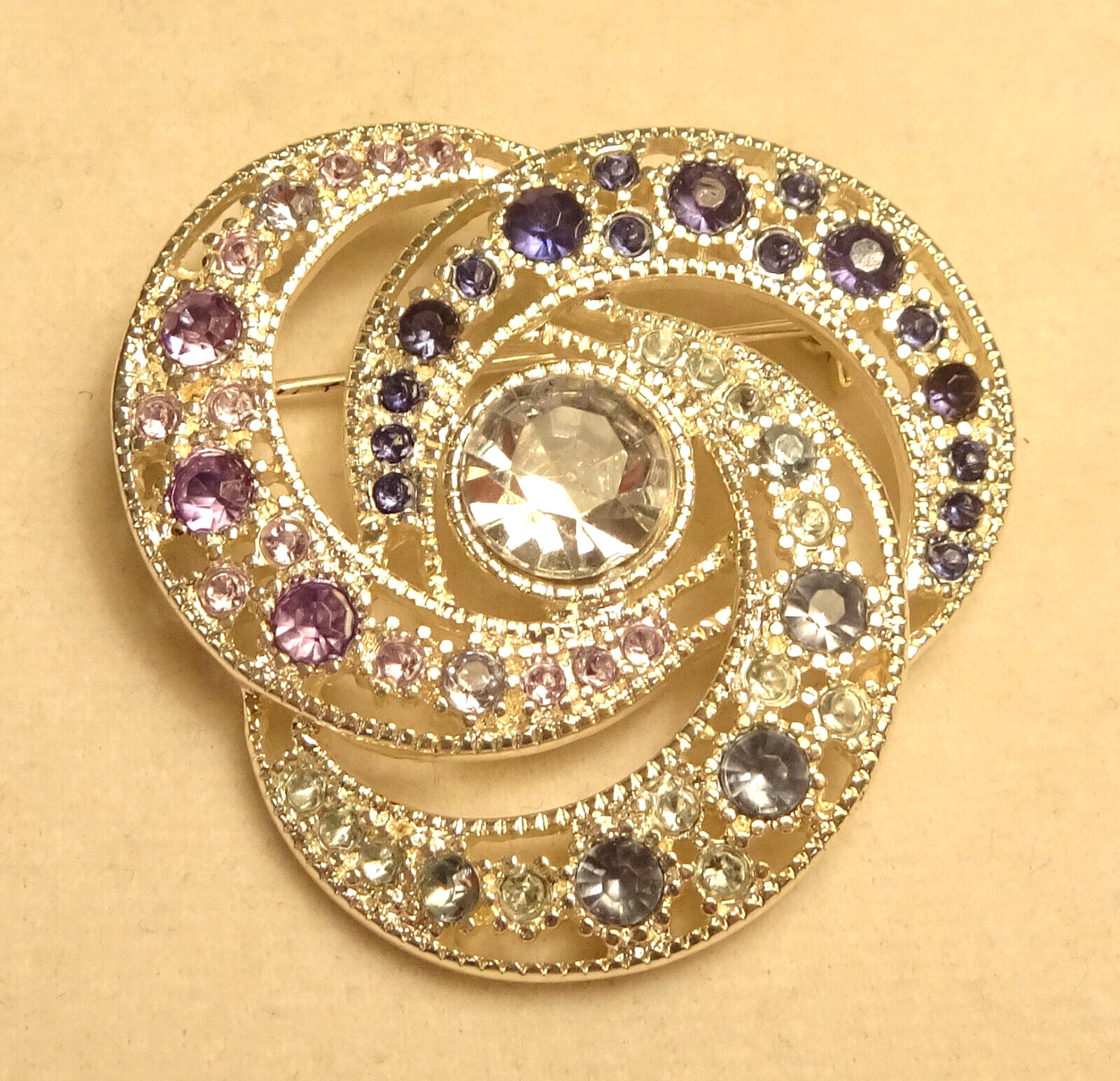 Tri Crescent Brooch Pin Rhinestone Purple Blue Lavender Silver Tone Vintage