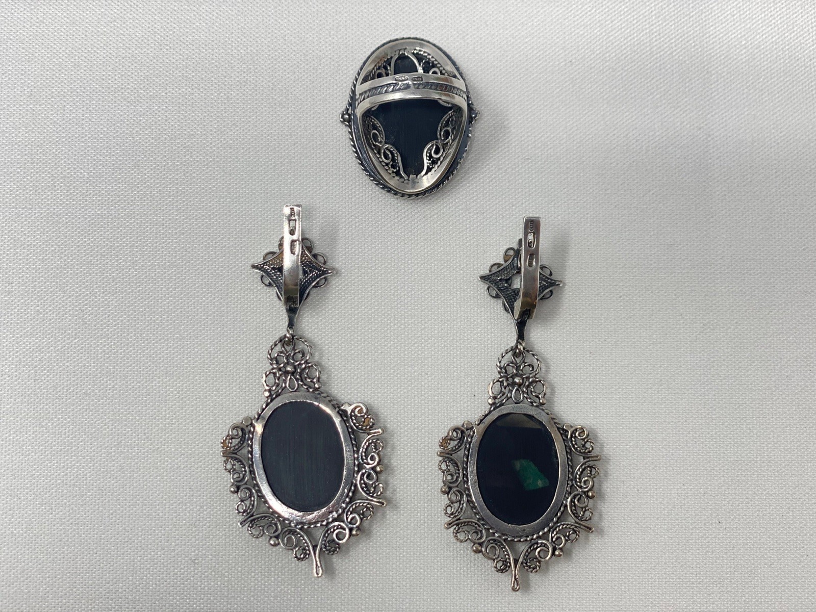 Vintage USSR 925 Sterling Silver Jewelry Set Ring & Earrings Mosaic Stone Video