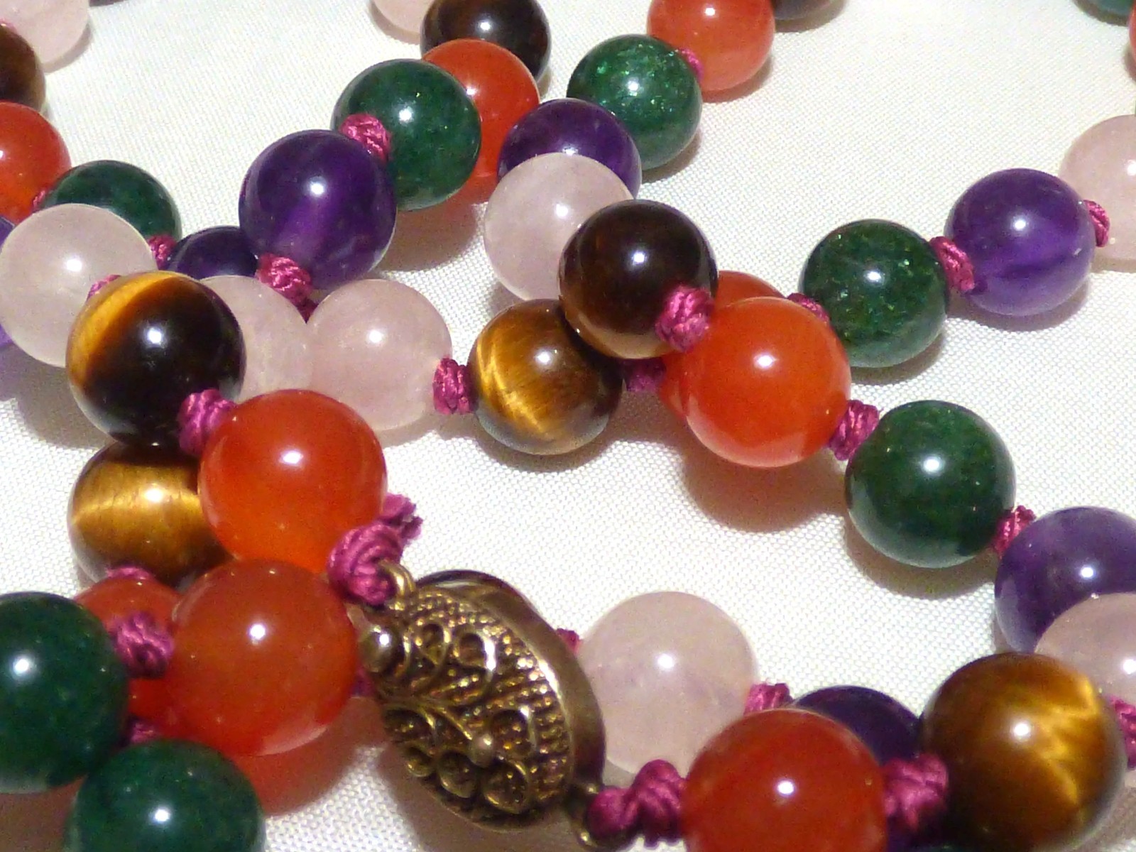 1960s Multi Colour Gemstone Hand knotted Gold Vermeil Silver Clasp Necklace
