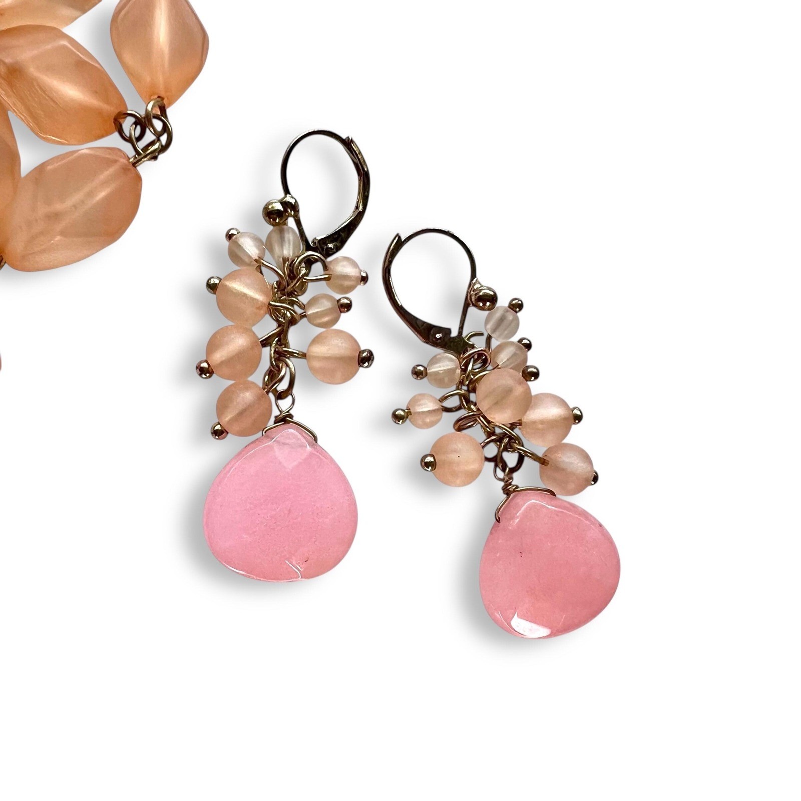 Vintage Bib Necklace Dangle Earring Set Peach Pink Gold Tone Coldwater Creek 21″