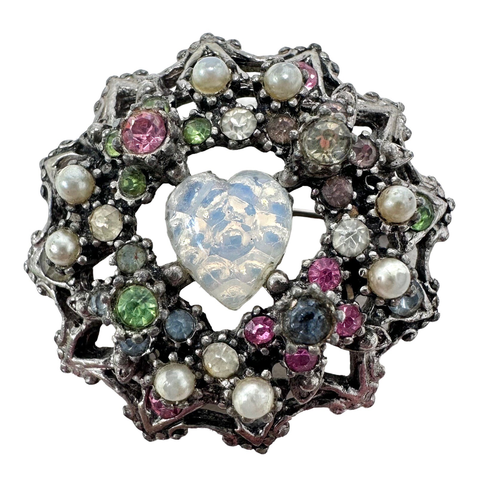 Vintage Silver Tone Multicolor Rhinestone Heart Shaped Opalite Brooch