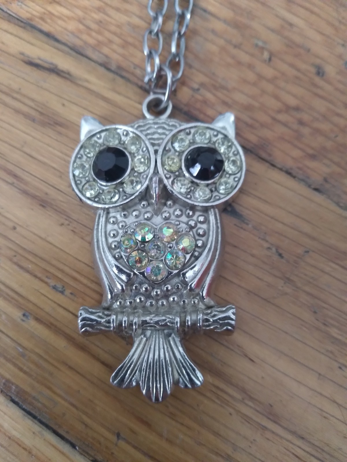 Owl Pendant Necklace Silver Tone Rhinestones 26 Inches Vintage
