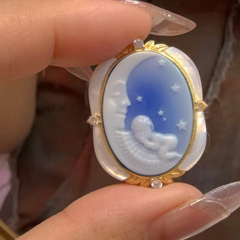 925 sterling silver Blue Agate Cameo vintage jewelry Pendant estate jewelry