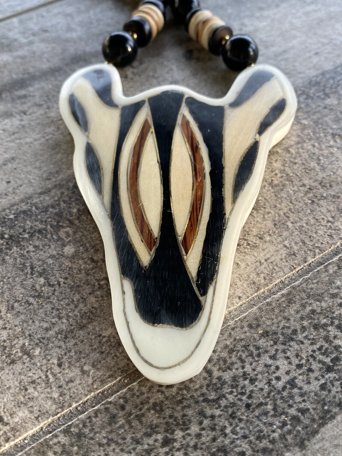 Lee Sands Necklace Zebra Wood Inlaid Beaded Africa Safari VTG Animal Estate