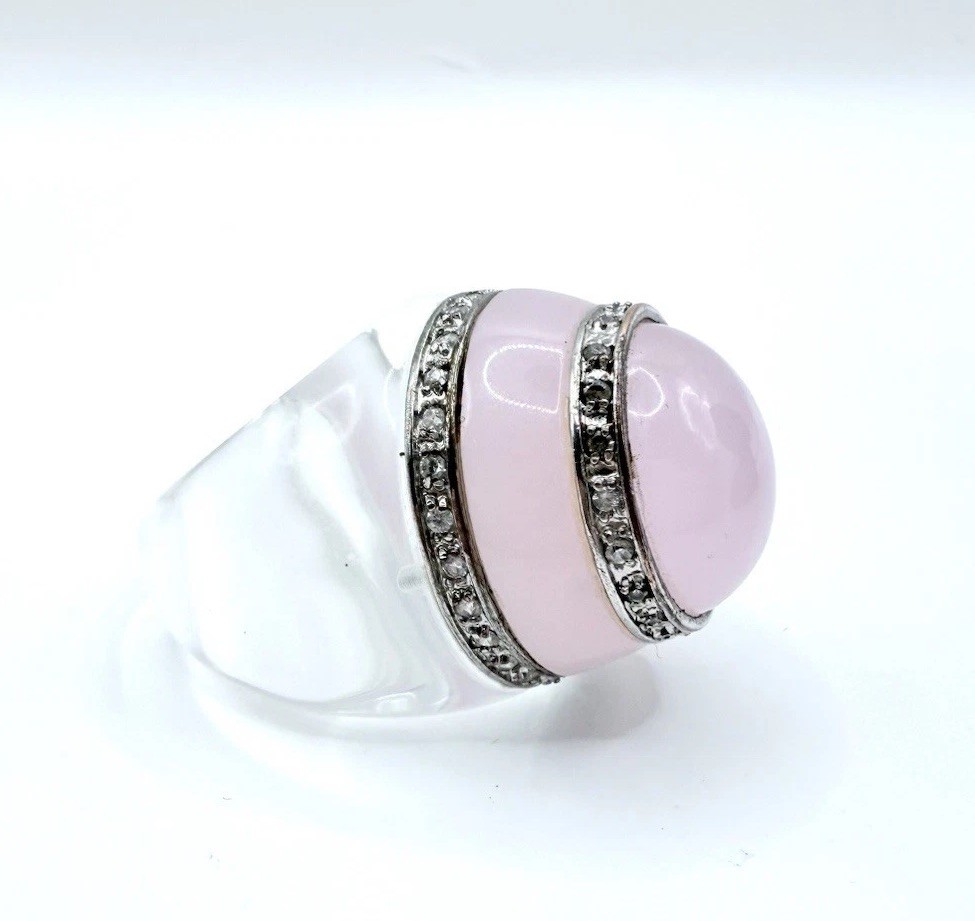 Enormous Rose Quartz White Sapphire Glass Statement Ring Sz 8 Vintage Jewelry