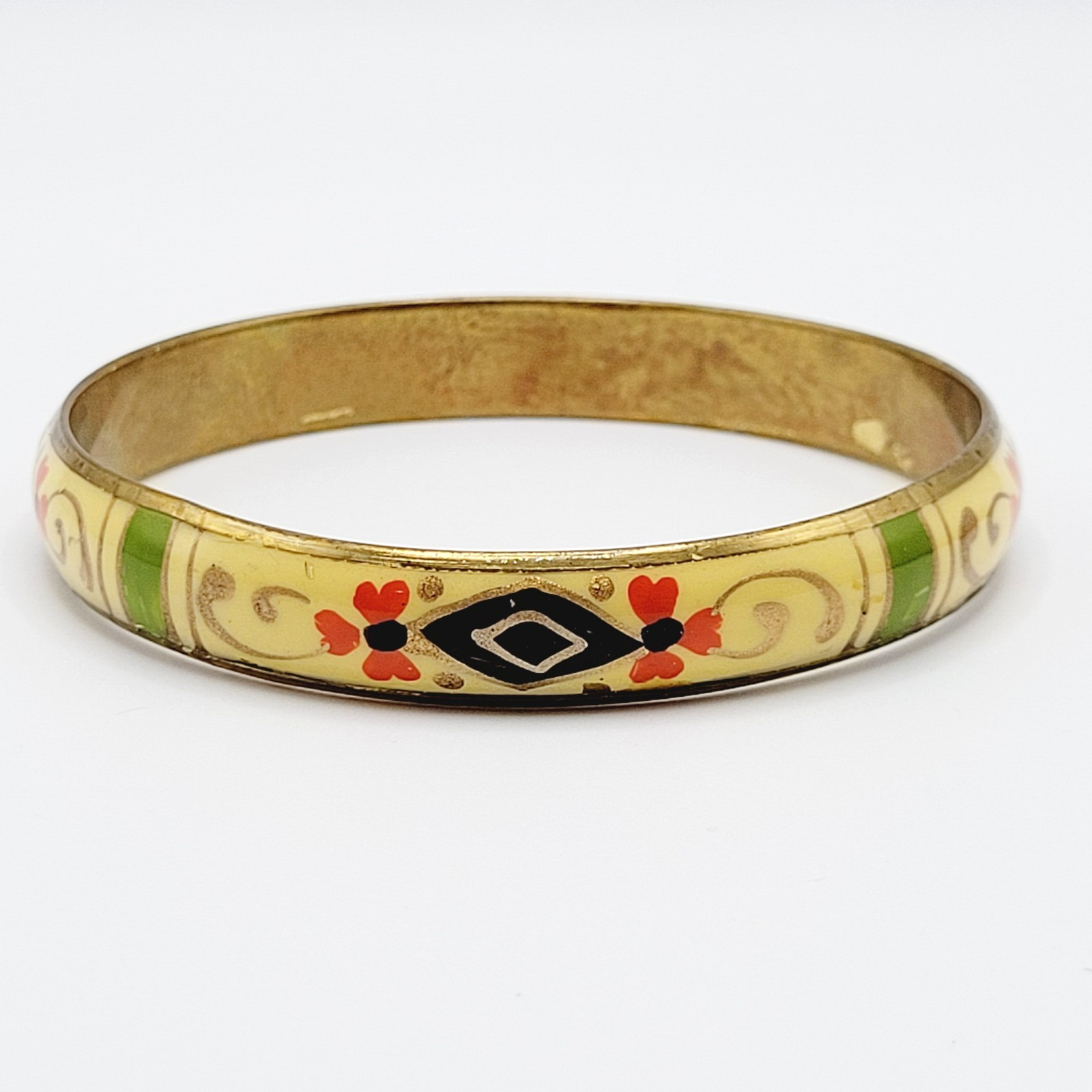 Hand Painted Cream Green Gold Enamel Vintage Bangle Brass Tone Bracelet 9 Inch