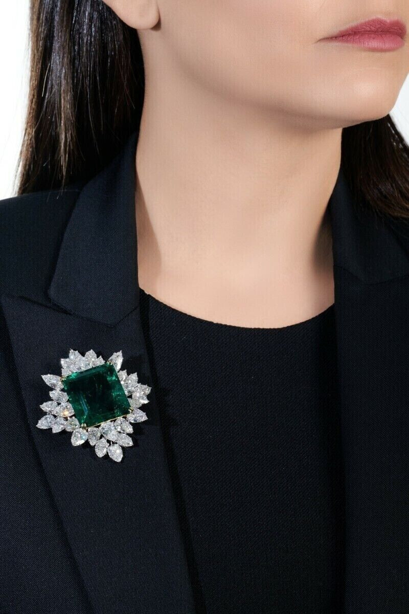 Huge Vivid Pine Green Square Cut Lab Created Emerald Cluster Style Brooch
