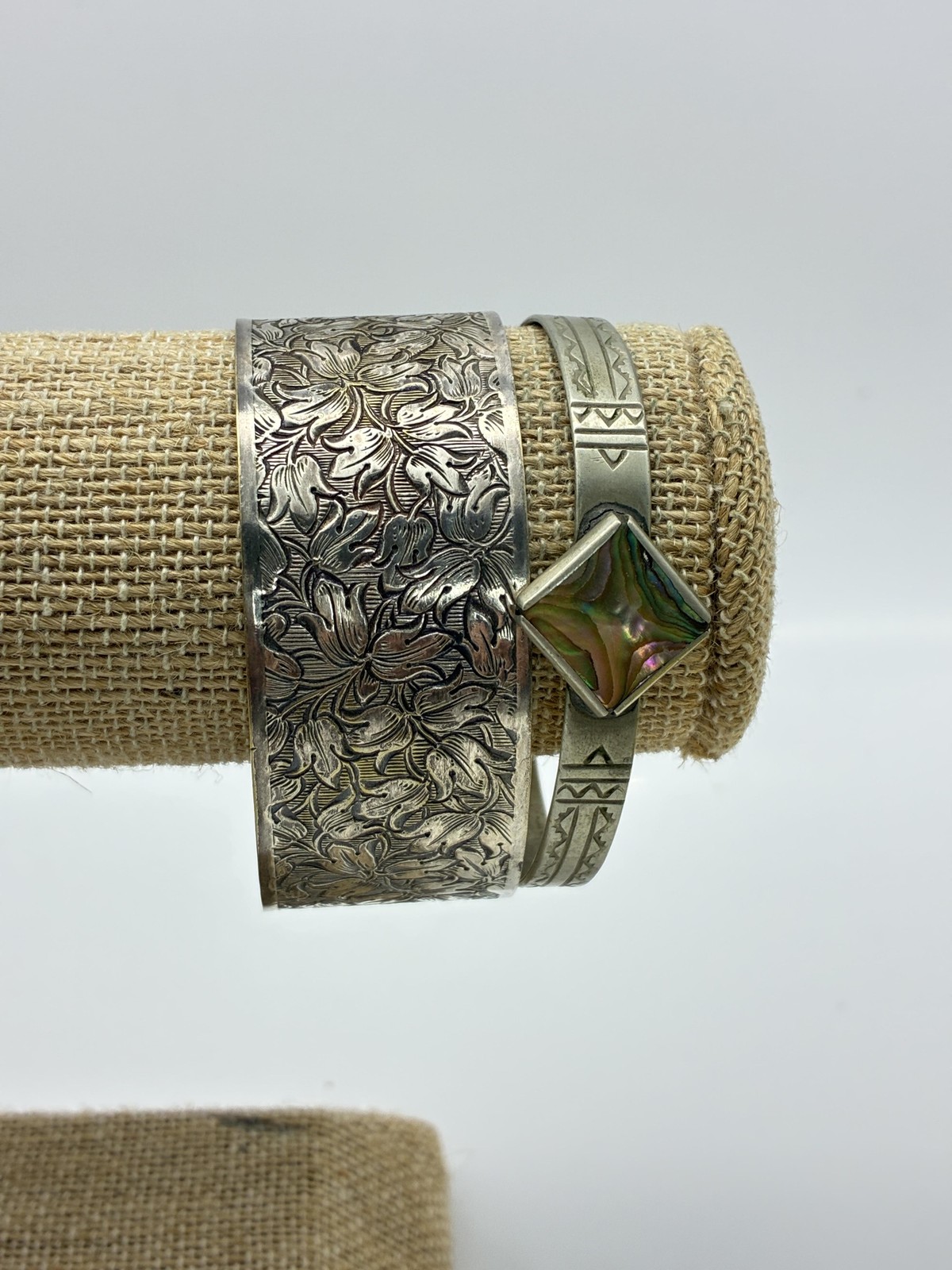 Vintage Bracelets Lot of 2 Silver Tone Floral Cuff and Abalone Shell Bangle