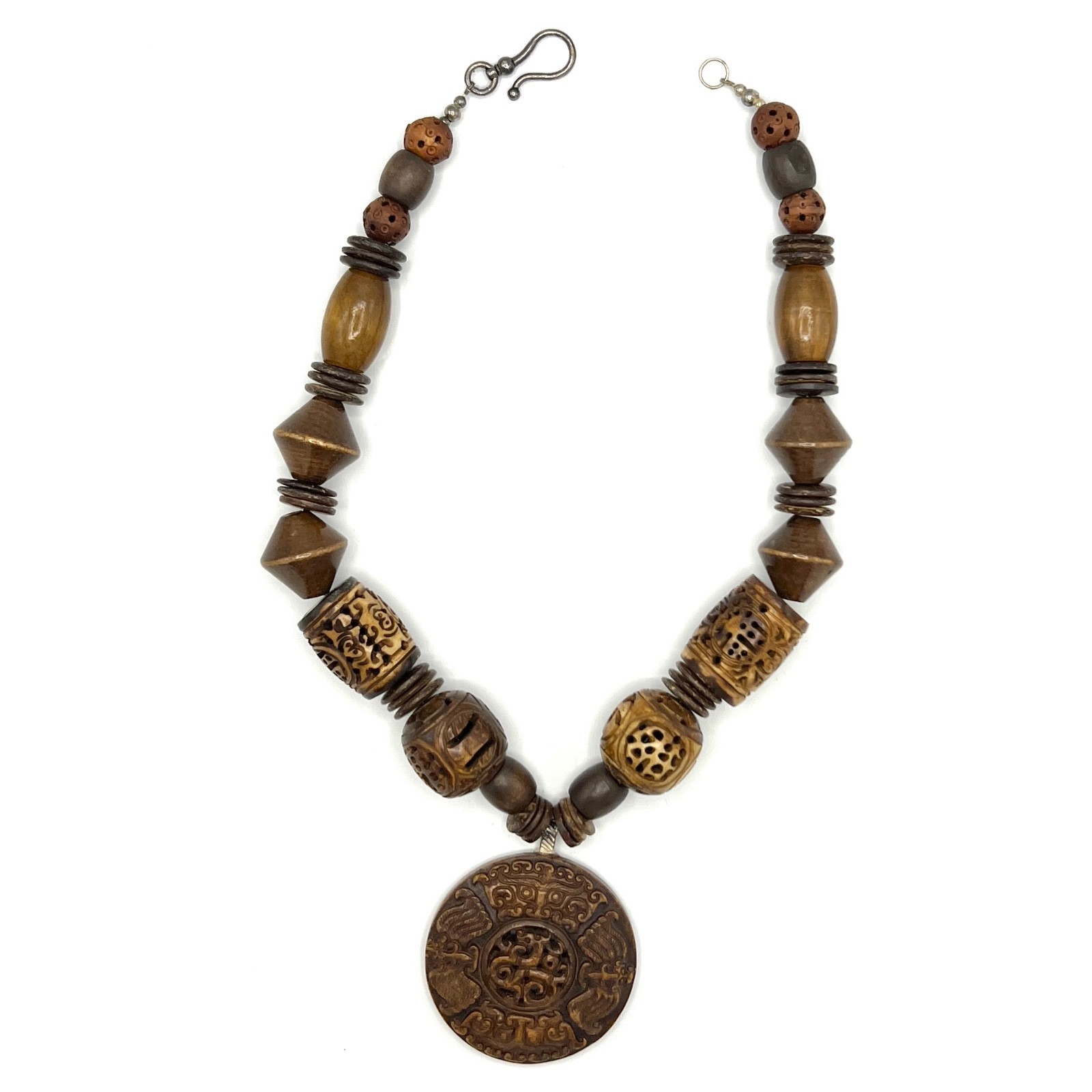Chunky Vtg Artisan Carved Wood Bead Necklace-Asian Style Ceramic Medal Pendant