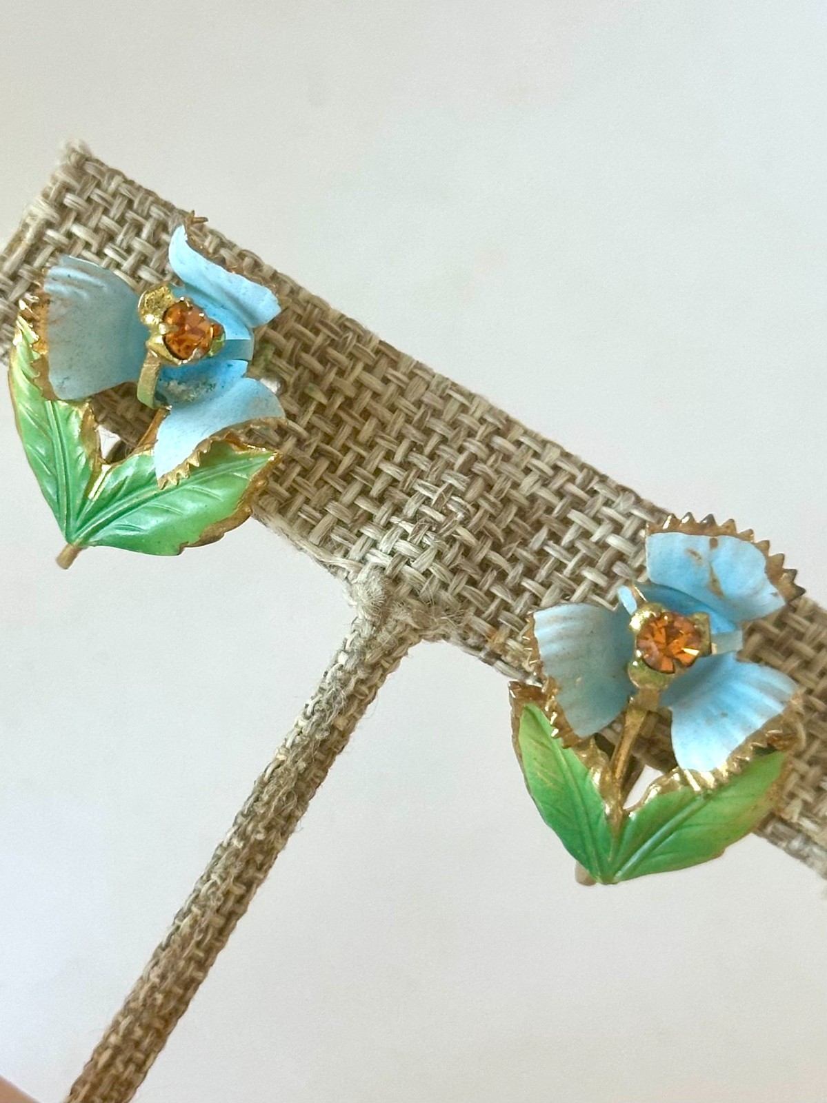Vintage Austrian Crystal Enamel Flower Clip on Earrings Retro 40s