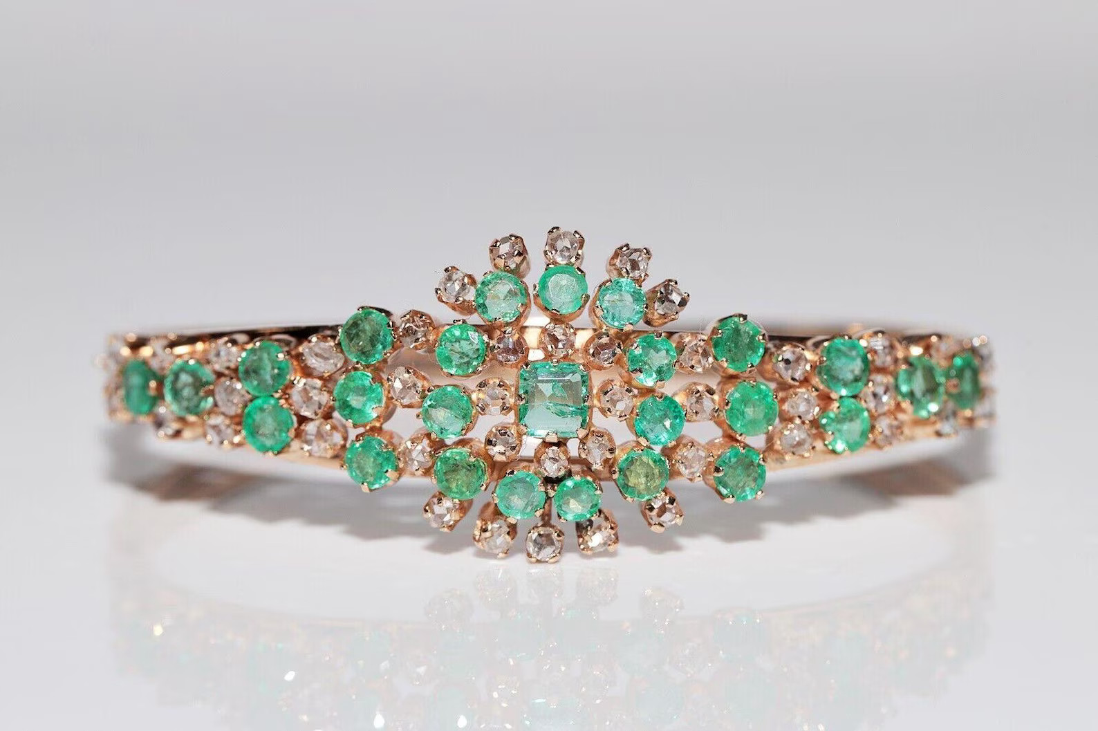 Antique Circa 1900s 14k Gold Natural Rose Cut Diamond And Emerald Bracelet