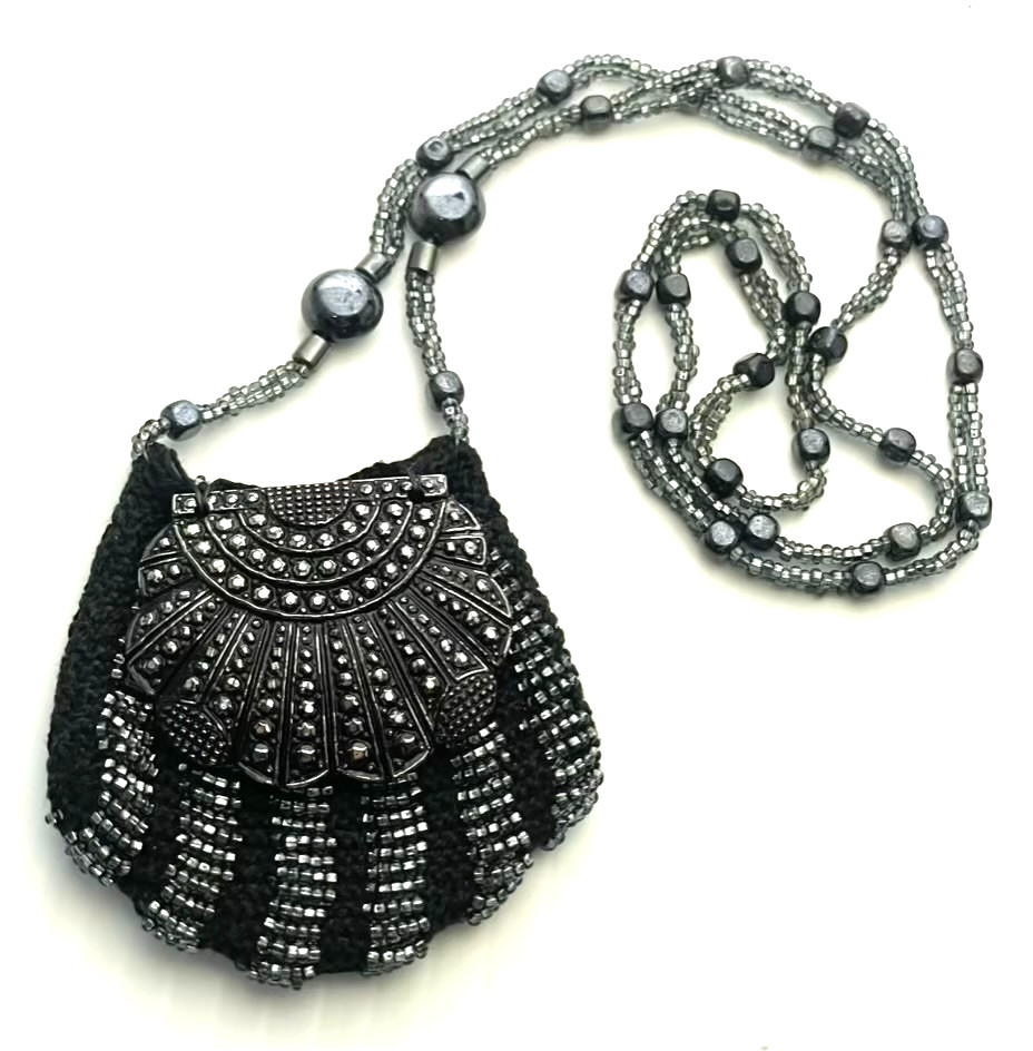 Miniature Beaded Purse Necklace Shell Shaped Black Gray Amulet Keepsake Holder
