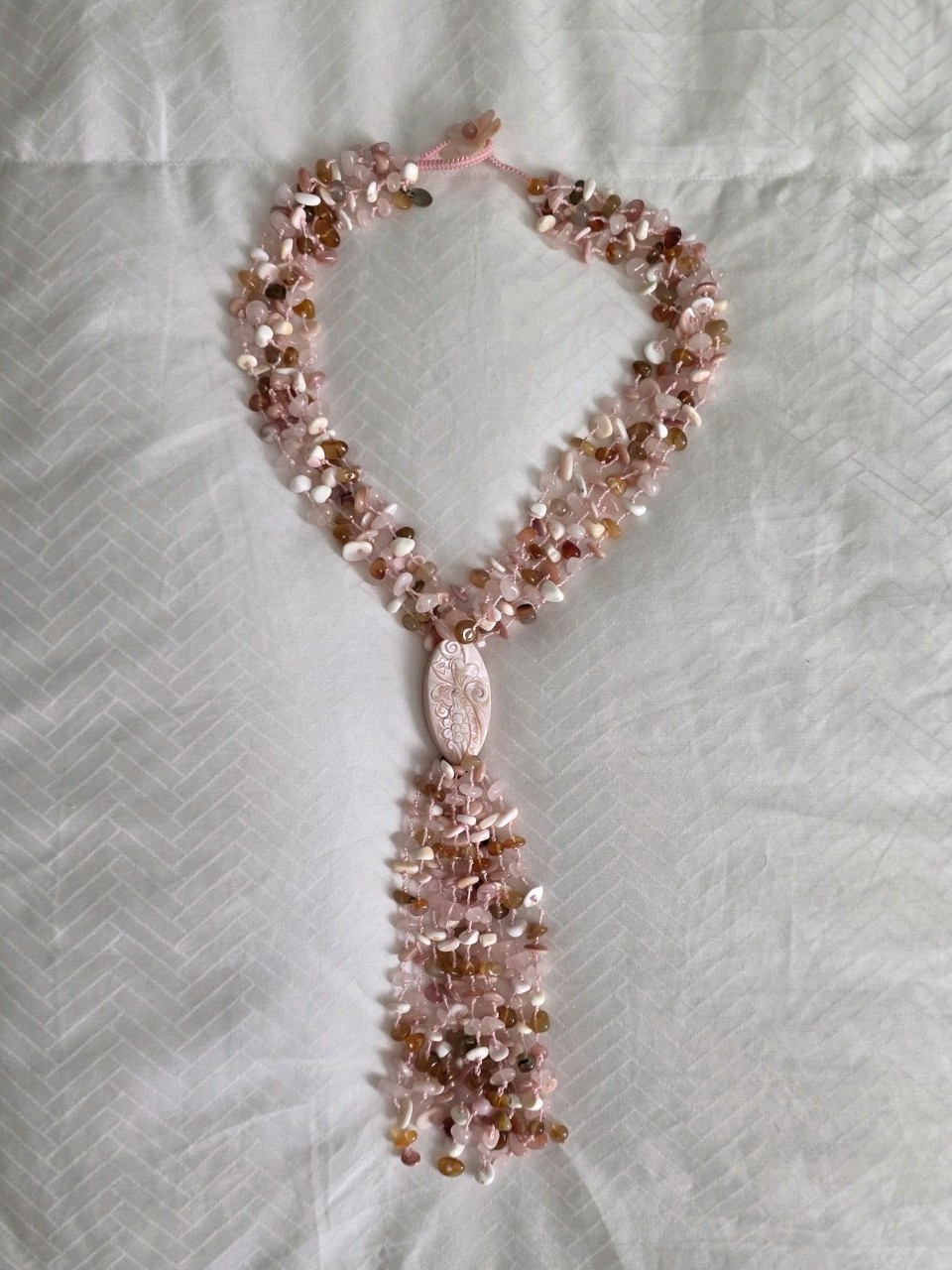 Sajen Multi Strand Gemstone Whimsical Statement Necklace Shell Rose Quartz