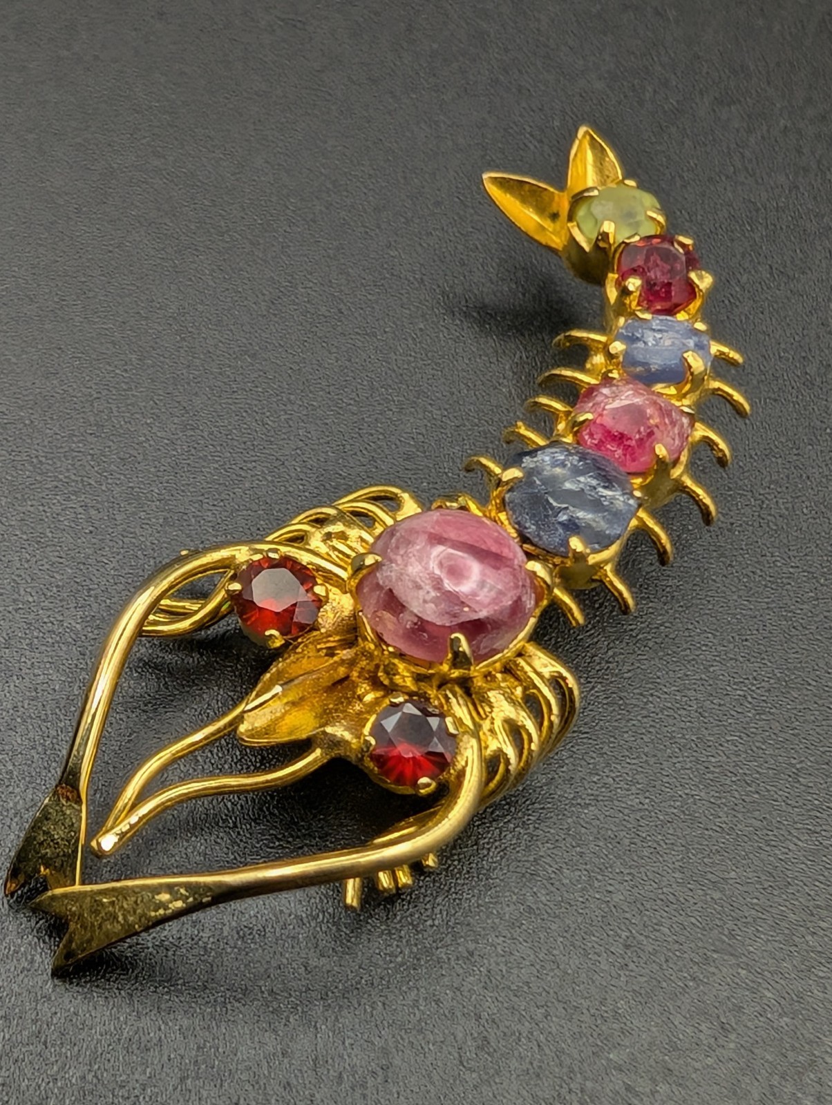 10K Gold & Gemstone Shrimp Brooch. Garnet, Ruby, Sapphire, Peridot(raw&Polished)