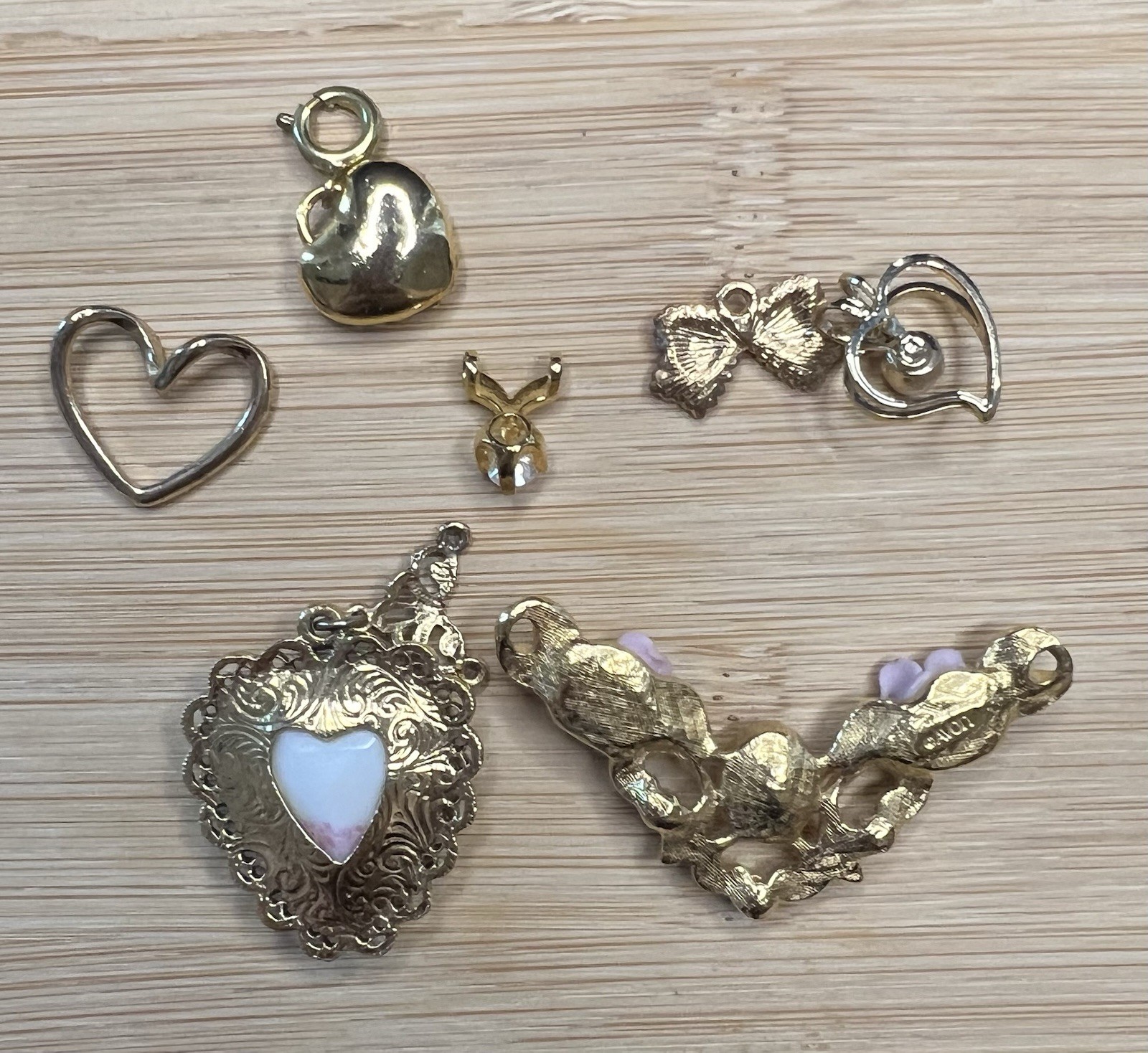 7 Pc Gold Tone Pendant Charm Lot Pink Hearts & Flowers Clear Rhinestones Dainty